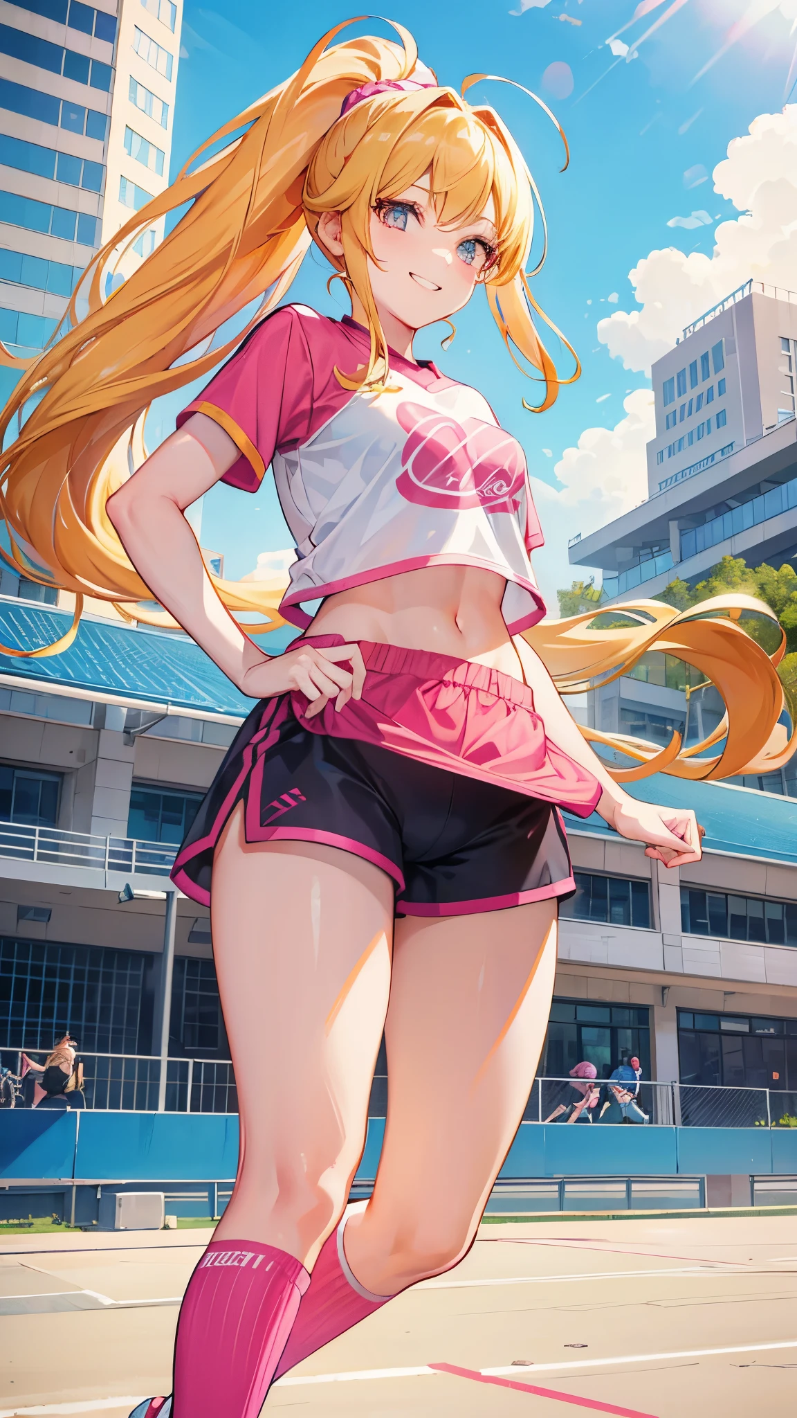 sport underwear,Sunlight,High ponytail girl,golden hair,smile,Pink stockings,shorts,sports shoes-