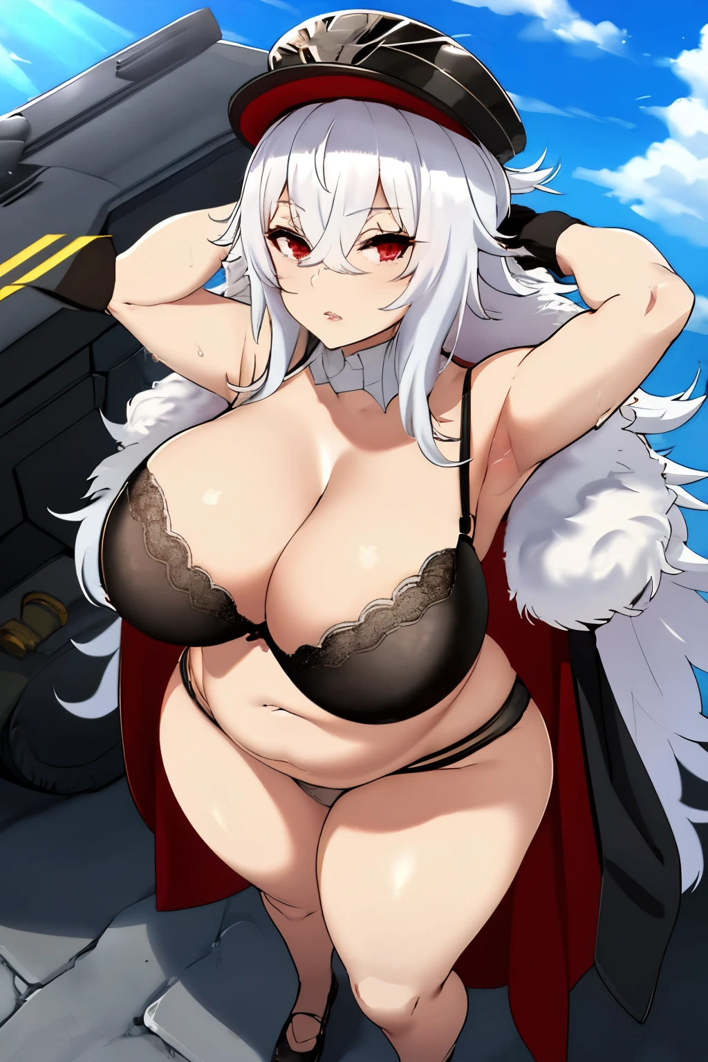 Top-quality, Super high resolution, masterpiece, highres, 8k, UHD, detailed lighting, shaders, Anime screencap, Anime coloring, Graf zeppelin, 1girl, solo, (Breast squeeze, Big boobs, Voluptuous, Plump, Chubby:1.5), Thick thighs, Big ass, Cleavage, White hair, Gray hair, Very long hair, Hair between eyes, Bangs, Crossed bangs, Red eyes, Eyes are glowing, Beautiful eyes, Eyelashes, Beautiful eyes, Hat, Military hat, Black headwear, Bra, Bra peek, (White bra:1.5), Fur trim, Gloves, Brown gloves, Black gloves, Peaked cap, Cape, Fur trimmed cape, Military, Military uniform, Uniform, Jacket, (White underwear:1.5), Long sleeves, Cross, Iron cross, Ultimate beautiful girl, Ultimate beautiful face, Proportioned face, Lips, Parted lips, Cowboy shot, Fullbody, Looking at viewer, (Expressionless, Blue sky, Natural background, Sunlight, Cloud:1.2), (close-up, From above:1.5)