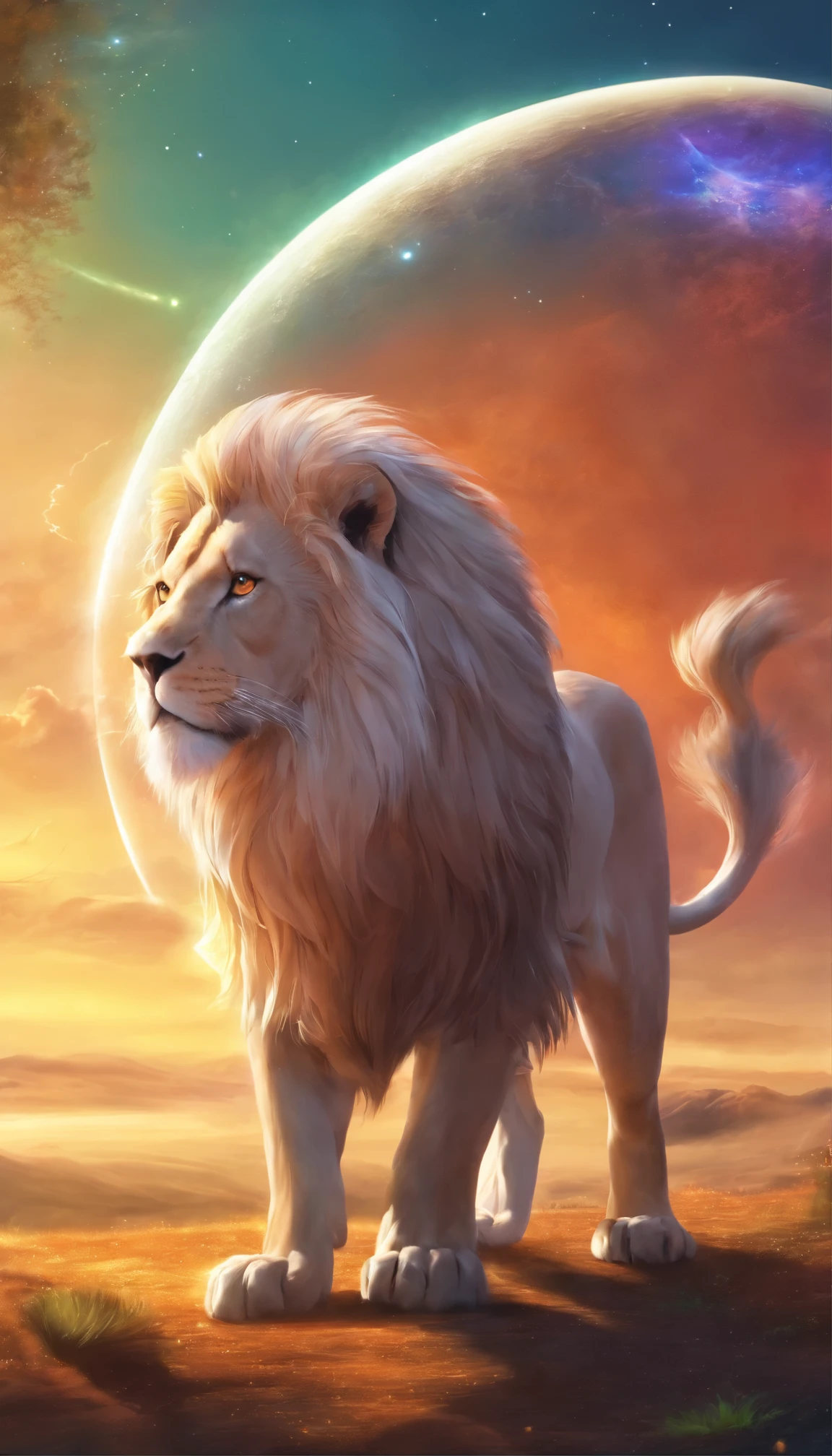 realistic、real、Beautiful lion with rainbow colored fur,majestic、heavenly scenery、four delicate legs、take off and run,Clouds soaring in the fog,powerful,universe background,star cloud,sun,rays of sunhine,celestial body,(limbs are intact and sound),(don't show extra legs),(light and shadow effects),(movie lighting),(cinema 4d),(depth of field effect),(8k wallpaper),(Rendering with Octane),(Dindal effect),(アンreal 5),(masterpiece),very detailed drawing,Realistic