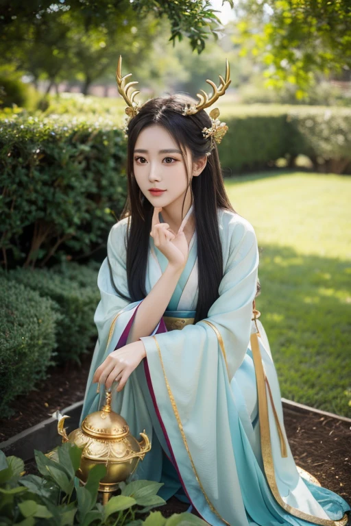 Beautiful girl in Hanfu with golden horns in the garden