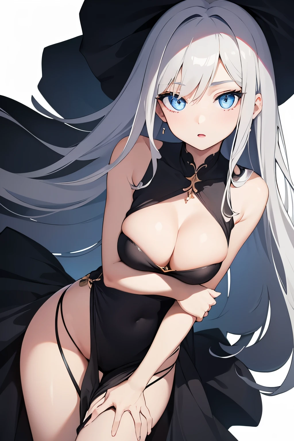 1girl, anime, cute girl, blank background, white background, fantasy, detailed dark fantasy dress with highlights, beautiful face, beautiful eyes, dark colors, silver hair, slightly small breasts, slight cleavage, beautiful skin, cute, breast curtains, extremely delicate and beautiful, (beautiful detailed face:1.0), (detailed deep eyes), symmetrical breasts, deep eyes, shiny skin, portrait, slender waist, hips wider than shoulders, thighs, young girl, expressionless, luminous eyes