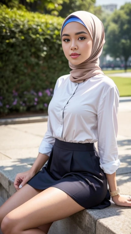 ( close up),raw, Best quality, High accuracy, Masterpiece: 1.3), Beautiful Malaysian woman in hijab,Masterpiece, Perfect body,(( small)),Big gorgeous eyes, soft smile,Beautiful Face,Thick thighs, A veiled woman talks while sitting in the park, Wear smart casual clothes and a long skirt,Perfect legs , Wear casual clothes, Normal position, Wear casual clothes, Casual clothing style, Business casual dress, Wearing an open-breasted blouse, Elegant casual, He wears the shirt, They dress casually, Trendy casual wear, Wear beautiful clothes, Modern casual clothes , Excellent lighting, bright colors, Clean lines,