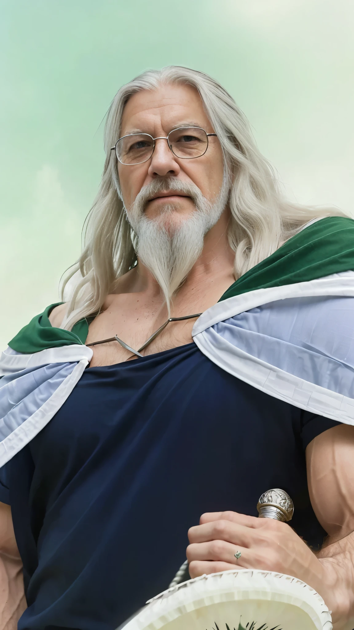 (masterpiece), (realistic), (ultra detailed), ( high reest quality), (photorealistic), (perfect face), (perfect anatomy), (((old man))), (((muscular))), (((male))), solo, Silvers Rayleigh from one piece, Silvers Rayleigh, long hair, white hair, Silvers Rayleigh from one piece hair style, (((a few strands of the character's long hair in front of the face))), wearing a blue t-shirt, wearing a white robe and the inside of the robe is dark green, wearing round glasses, the character's right hand holds a sword, the character is brandishing a sword, behind the character is a bush