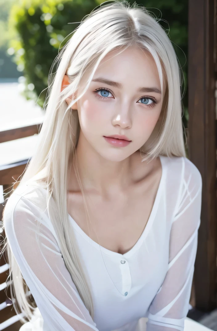 １４歳のwhite人モデル, 立っているPhoto above the knee,（(Clean clothes)), white clothes, Natural light, きれいなwhite人女性, white hair, lazy smile, (8K, Live shooting, highest quality, masterpiece: 1.2), masterpiece, Super detailed, , High-definition RAW color photo, , , , , , highly detailed eyes, realistic skin texture, highly detailed fingers, very small nose, highly detailed mouth, , Photo above the knee, , See-through feeling、transparent processing、wearing tight clothes、, white髪, blue eyes, masterpiece, realistic skin texture, , shiny hair and white skin, 、 natural skin texture,  young woman like a girl,  Photo above the knee、blue eyes,  、lowered eyebrows,  innocent face,  Eyes that look kind,  natural skin texture, round face,  kind eyes, long and pure white beautiful hair、, small face,  No decorations included,  white, droopy eyebrows,  Mont Blanc, white, droopy eyebrows