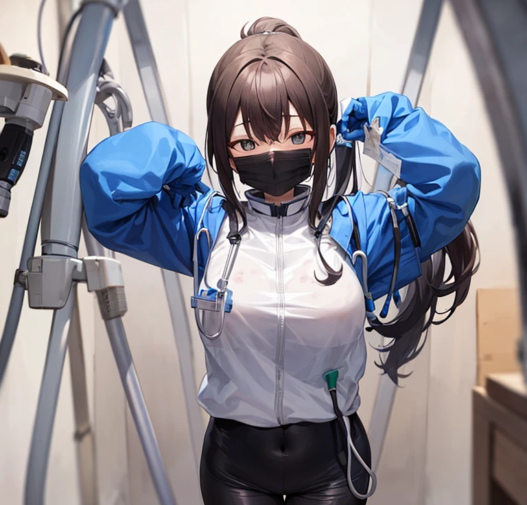 18 year old female, big double eyes, black ponytail, wearing a mask, Wearing protective clothing、Blue rubber gloves(let me fit)、Staining clothes with semen and body fluids、Scenes during sex