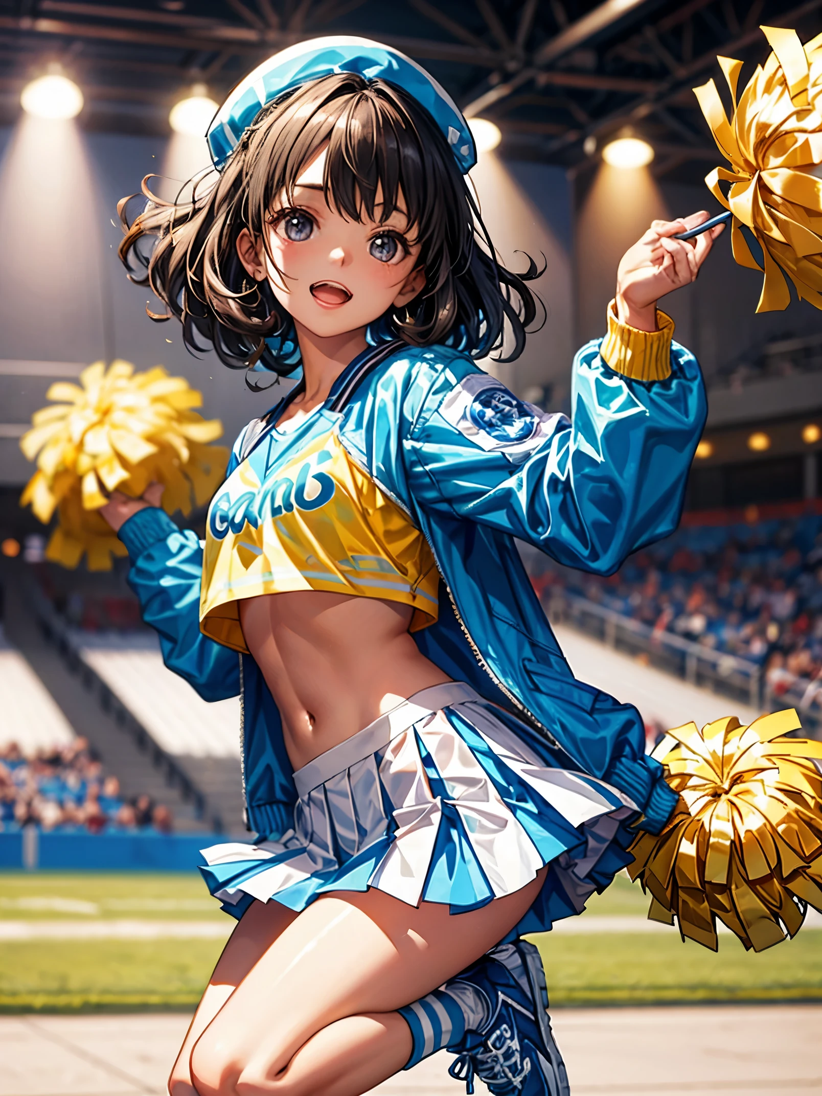 masterpiece、beautiful details、Perfect focus、Uniform 8K wallpapers、High resolution、RAW photo、(Depth of bounds written、aperture F1.4、ISO 100:1.5) 1 girl、brown hair、medium curly hairstyle、clear deep eyes、smile、happiness、open mouth、 Cheering captain with a retro atmosphere、 Start with a classic high school letterman jacket featuring bold colors and contrasting sleeves。 The jacket is、shoulder-length、Usually paired with a cheerleading skirt of the same color with pleats and bright stripes。 How to create a sporty and retro atmosphere、Pair it with a fitted crop top or team-colored T-shirt。 Complete the authentic cheerleader look with classic sneakers or cheer shoes。 Holding team-colored pompoms、Expresses the energetic essence of cheerleading。