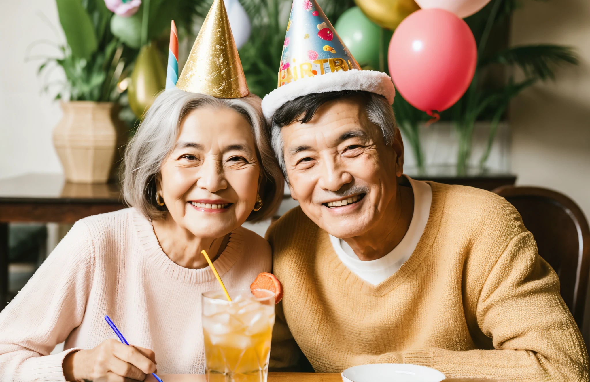 korean, Smiling elderly couple sitting at table with drinks and birthday hats, 7 0 years old, 70 years old, Happy Birthday해요, Two elderly people, Smiling couple, happy couple, party hat를 쓰고, Happy Birthday, 70mm portrait, middle-age, party hat, 60mm portrait, Happy stagnation, aging, korean