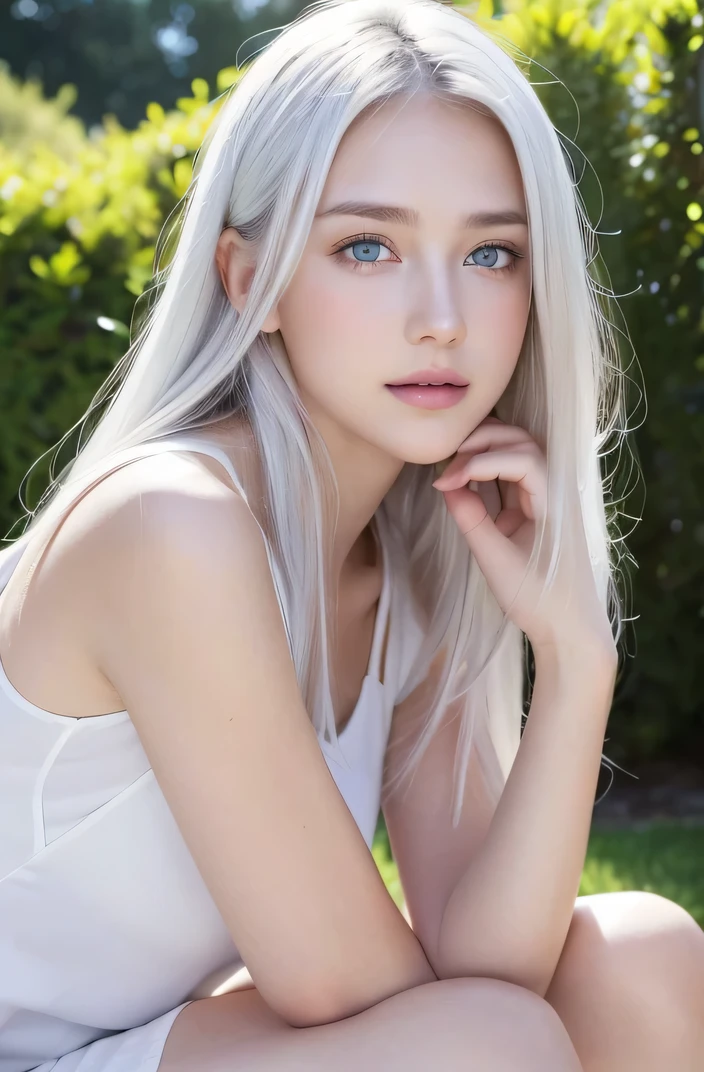 (8K), (Best Quality: 1.2), (Realistic), (Photorealistic: 1.37), Ultra Detailed, (Kissing), One Girl, Cute, Smile, Long Hair, Green Plants, Beautiful Eyes in Detail, Beautiful Nose, Full Body, Big, Darcefo, Pig's Nest, Women, White Hair