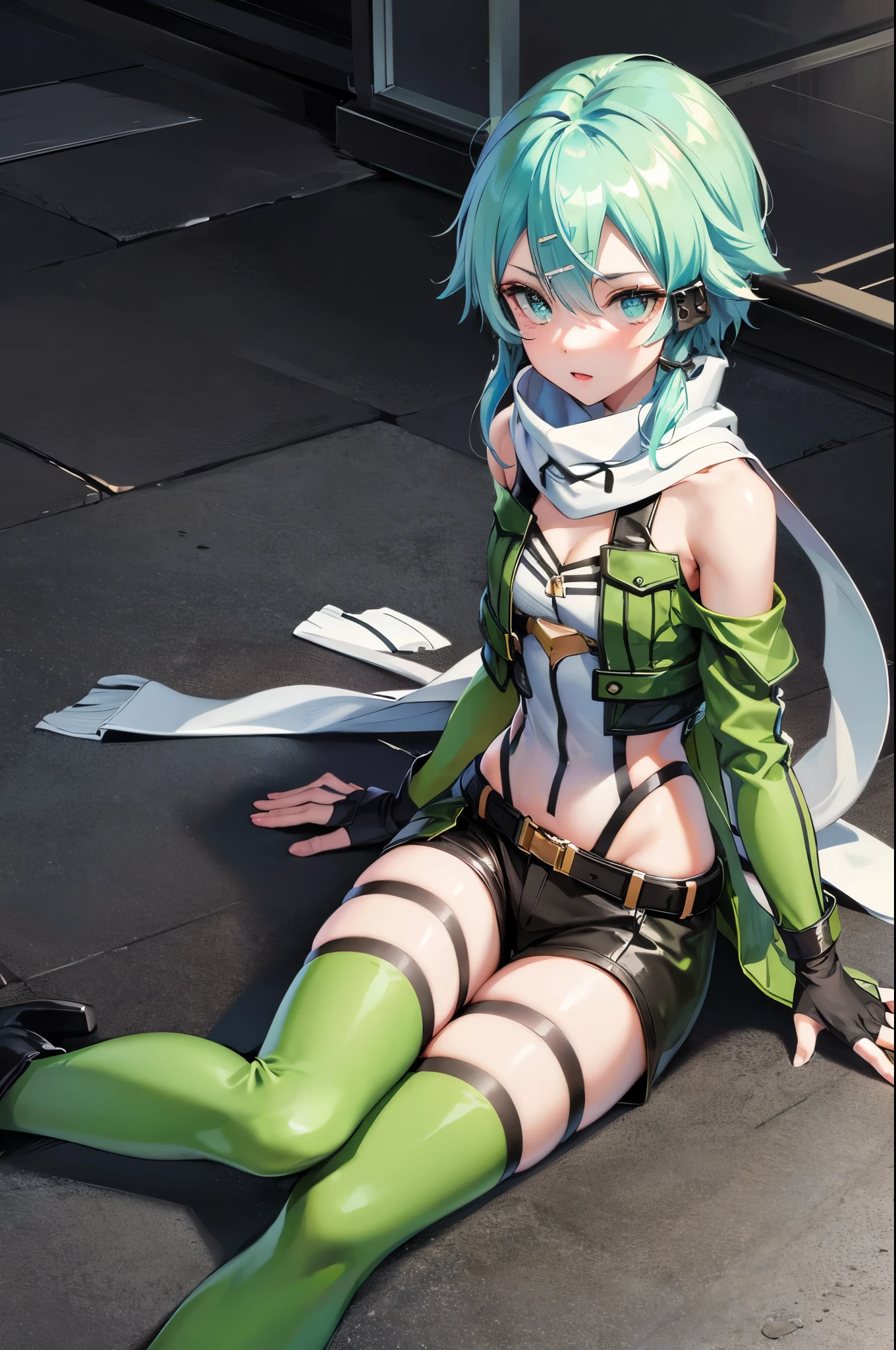 (masterpiece), best quality, expressive eyes, perfect face, highres, sinon1, scarf, fingerless gloves, long sleeves, short shorts, hair ornament, hairclip, green thighhighs, green jacket, thigh strap, field, ruins background, ruined structures, sitting, on floor, knees up, portrait, looking at the viewer,