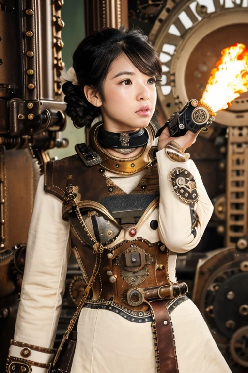 extremely detailed CG unity 32K wallpaper, top quality, masterpiece, raw photo, photorealistic, highest resolution, professional photo, dynamic, cinematic lighting, (steampunk:1.4), 19th century in Japan, Edo Era, sharp focus, depth of field, (perfect body, correct anatomy:1.5), intricately detailed face, expressive face, POV, (from front:1.3), 1 girl, Japanese woman, ((female warrior:1.1)), solo, cowboy shot, black hair, short hair, ultra-realistic skin, detailed skin, tan, (bright eyes:1.4), highly detailed nose and lips, (tall nose:1.5), slim outline of the face, expressionless, ((samurai armor:1.2)), ((powered suit of steampunk:1.4)), skinny, beautiful breast, (perfect body proportion:1.3), ((firing a mini gun:1.5)), during a battle, ((muzzles of mini gun is
