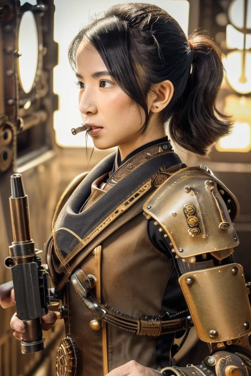 extremely detailed CG unity 32K wallpaper, top quality, masterpiece, raw photo, photorealistic, highest resolution, professional photo, dynamic, cinematic lighting, (steampunk:1.4), 19th century in Japan, Edo Era, sharp focus, depth of field, (perfect body, correct anatomy:1.5), intricately detailed face, expressive face, POV, (from front:1.3), 1 girl, Japanese woman, ((female warrior:1.1)), solo, cowboy shot, black hair, short hair, ultra-realistic skin, detailed skin, tan, (bright eyes:1.4), highly detailed nose and lips, (tall nose:1.5), slim outline of the face, expressionless, ((samurai armor:1.2)), ((powered suit of steampunk:1.4)), skinny, beautiful breast, (perfect body proportion:1.3), ((firing a mini gun:1.5)), during a battle, ((muzzles of mini gun is