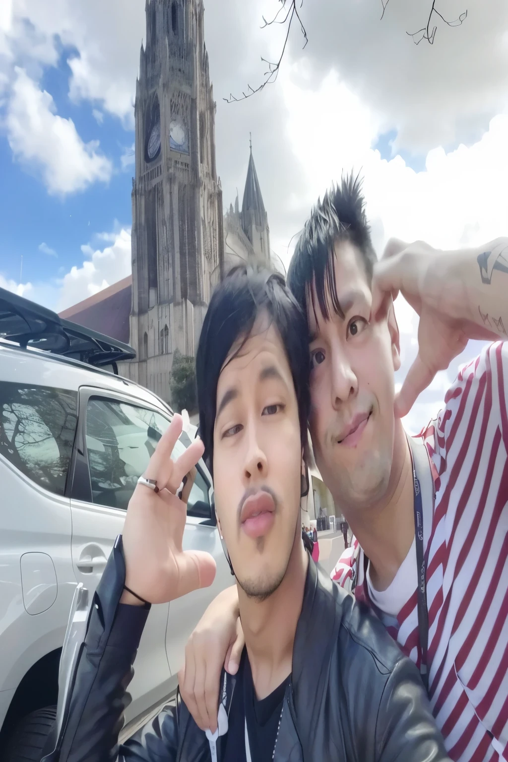 there are two men posing for a picture in front of a church, pablo carpio and jordan grimmer, bowater charlie and brom gerald, cathedral in the background, ruins in the background, captured on iphone, with towers, church in the background, josan gonzales!!!, john picacio and brom, with wart, with godray, cathedral!!!!!