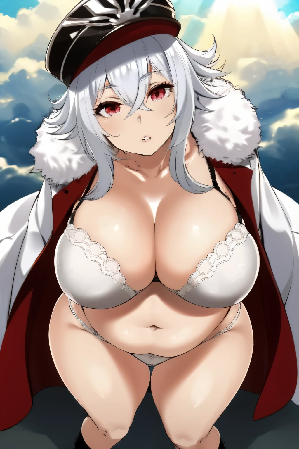 Top-quality, Super high resolution, masterpiece, highres, 8k, UHD, detailed lighting, shaders, Anime screencap, Anime coloring, Graf zeppelin, 1girl, solo, (Breast squeeze, Big boobs, Voluptuous, Plump, Chubby:1.5), Thick thighs, Big ass, Cleavage, White hair, Gray hair, Very long hair, Hair between eyes, Bangs, Crossed bangs, Red eyes, Eyes are glowing, Beautiful eyes, Eyelashes, Beautiful eyes, Hat, Military hat, Black headwear, Bra, Bra peek, (White bra:1.5), Fur trim, Gloves, Brown gloves, Black gloves, Peaked cap, Cape, Fur trimmed cape, Military, Military uniform, Uniform, Jacket, (White underwear:1.5), Long sleeves, Cross, Iron cross, Ultimate beautiful girl, Ultimate beautiful face, Proportioned face, Lips, Parted lips, Cowboy shot, Fullbody, Looking at viewer, (Expressionless, Blue sky, Natural background, Sunlight, Cloud:1.2), (close-up, From above:1.5)