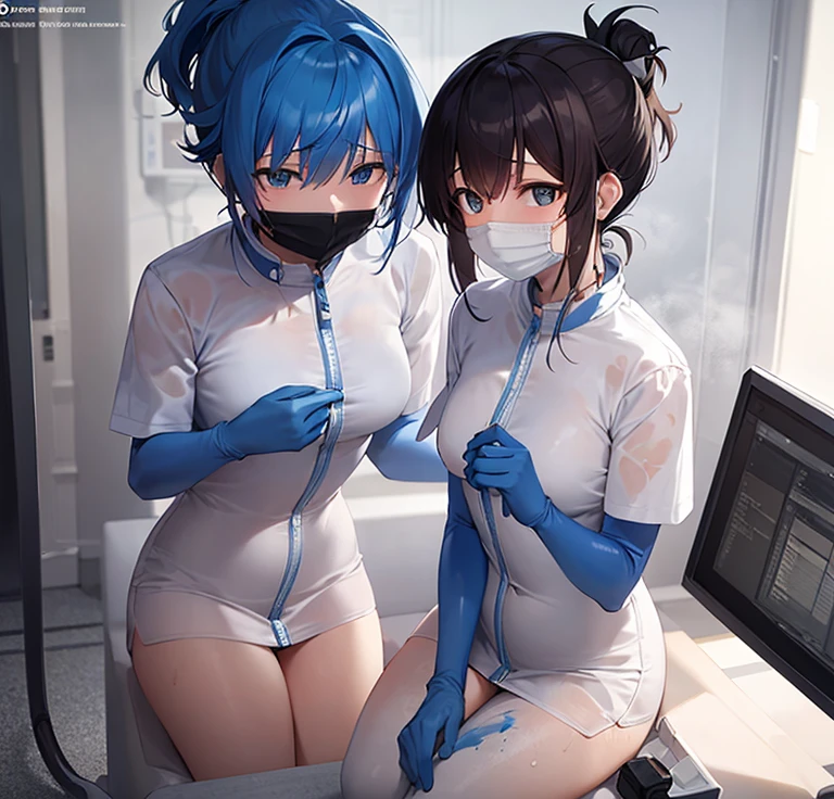 18 year old female, big double eyes, black ponytail, wearing a mask, Wearing white medical dust-proof clothing、Wearing blue medical rubber gloves(let me fit)The whole body is stained with body fluids and semen.、while masturbating