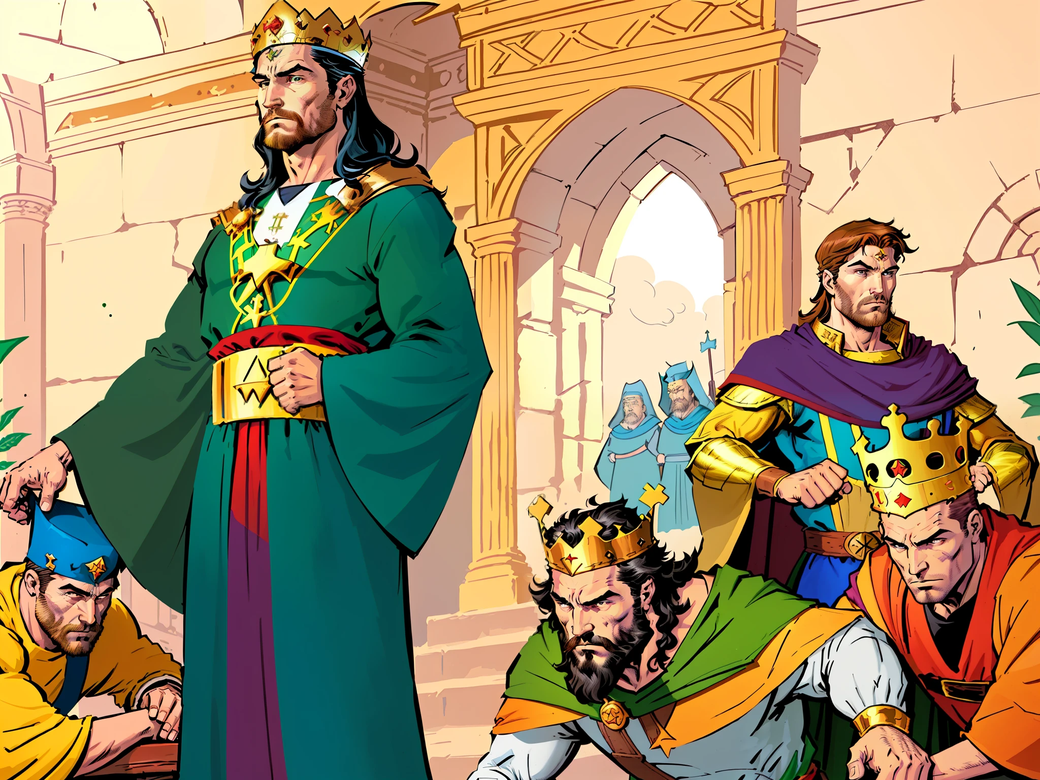 a cartoon of a group of men in medieval clothing, bible illustration, full color illustration, celebrating a king being crowned, by Jason Felix, published art, full color digital illustration, granting him a noble title, inspired by Altoon Sultan, wearing a crown and green cape, epic full color illustration, by Drew Tucker, the king of thieves, official art, colored illustration