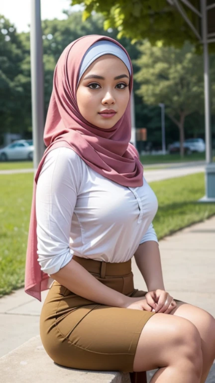 ( close up),raw, Best quality, High accuracy, Masterpiece: 1.3), Beautiful Malaysian woman in hijab,Masterpiece, Perfect body,(( middle breast,)),Exposed breasts, big gorgeous eyes, soft smile,Beautiful Face,Thick thighs, A veiled woman talks while sitting in the park, Wear smart casual clothes and a long skirt,Perfect legs , Wear casual clothes, Normal position, Wear casual clothes, Casual clothing style, Business casual dress, Wearing a blouse, Elegant casual, He wears the shirt, They dress casually, Trendy casual wear, Wear beautiful clothes, Modern casual clothes , Excellent lighting, bright colors, Clean lines,