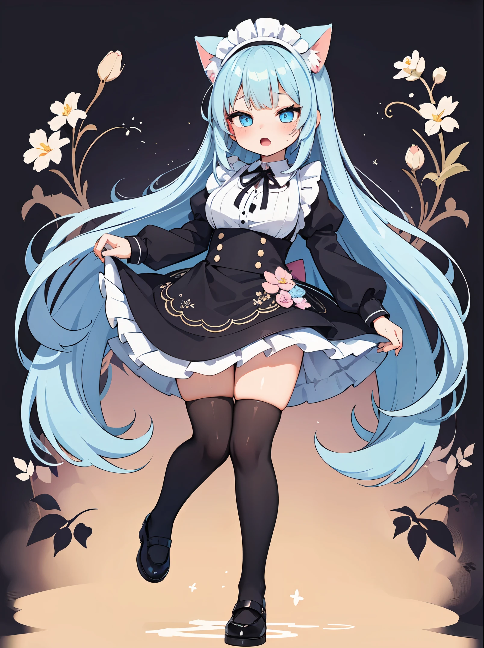 ((masterpiece)), ((best quality)), (ultra detailed:1.2), illustration, anime style, painting, Cute character poses like moe illustrations, //, a cute girl, 1girl, (solo), //, White-based cat-eared maid costume. Black lace apron. Black knee-high socks. White cat tail. Black ribbon. A-line skirt. Black ribbon choker, //, Long hair style, beautiful Midnight blue hair, ((beautiful eyes)), white-skinned, large breasts, Voluptuous body, //, (ahegao:1.3), laughing, full body, gradation, //, (Mocha-based floral pattern background:1.2),//, shiny-glistening, ultra shiny body, gleaming