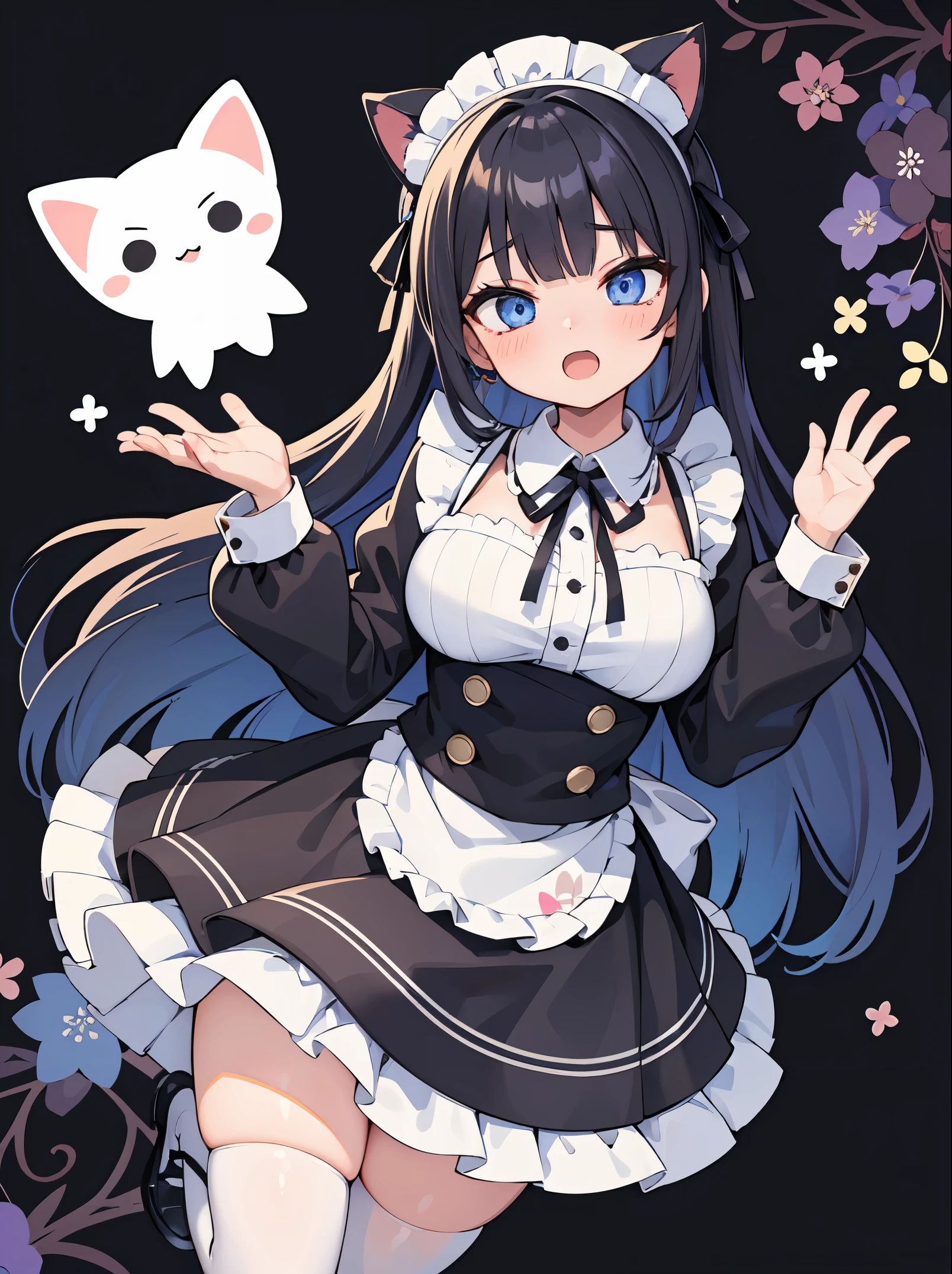 ((masterpiece)), ((best quality)), (ultra detailed:1.2), illustration, anime style, painting, Cute character poses like moe illustrations, //, a cute girl, 1girl, (solo), //, White-based cat-eared maid costume. Black lace apron. Black knee-high socks. White cat tail. Black ribbon. A-line skirt. Black ribbon choker, //, Long hair style, beautiful Midnight blue hair, ((beautiful eyes)), white-skinned, large breasts, Voluptuous body, //, (ahegao:1.3), laughing, full body, gradation, //, (Mocha-based floral pattern background:1.2),//, shiny-glistening, ultra shiny body, gleaming