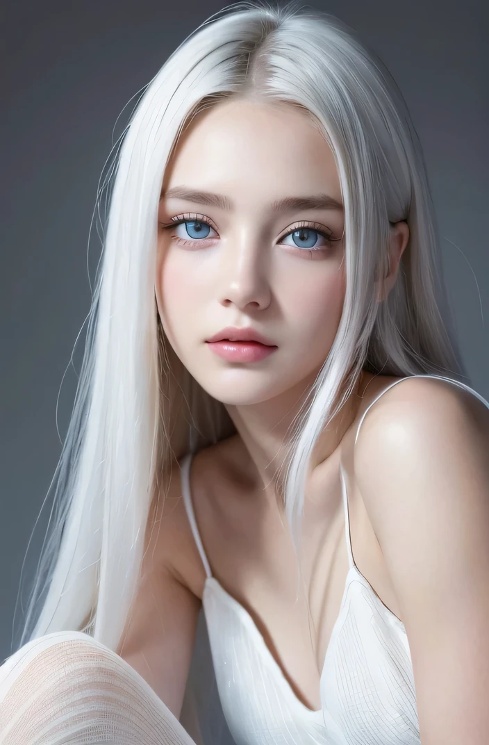 14歳のwhite人モデル, 立っているPhoto above the knee,((Clean clothes)), white clothes, Natural light, きれいなwhite人女性, white hair, lazy smile, (8K, Live shooting, highest quality, masterpiece: 1.2), masterpiece, Super detailed, , High-definition RAW color photo, , , , , , highly detailed eyes, realistic skin texture, highly detailed fingers, very small nose, highly detailed mouth, , Photo above the knee, , See-through feeling、transparent processing、wearing tight clothes、, white髪, blue eyes, masterpiece, realistic skin texture, , shiny hair and white skin, 、 natural skin texture, young woman like a girl, Photo above the knee、blue eyes, 、lowered eyebrows, innocent face, Eyes that look kind, natural skin texture, round face, kind eyes, long and pure white beautiful hair、, small face, No decorations included, white, droopy eyebrows, Mont Blanc, white, droopy eyebrows