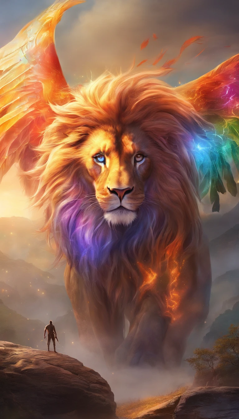 beautiful rainbow colored lion,with the wings of an eagle、majestic、heavenly scenery、four delicate legs、take off and run,Clouds soaring in the fog,powerful,universe background,star cloud,sun,rays of sunhine,celestial body,(limbs are intact and sound),(don't show extra legs),(light and shadow effects),(movie lighting),(cinema 4d),(depth of field effect),(8k wallpaper),(Rendering with Octane),(Dindal effect),(unreal 5),(masterpiece),very detailed drawing,Realistic
