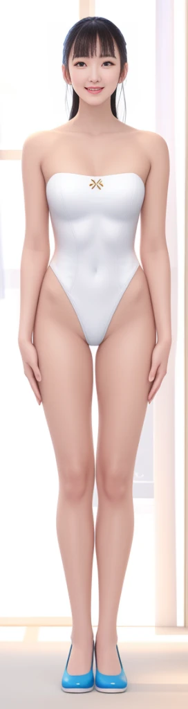 On a white background,A tall and beautiful Chinese girl,with fair skin,Toothy smile,A big smile,When you laugh, Your eyes are crescent-shaped,blunt bangs, long straight hair,Wear a one-piece swimsuit and pumps,Swimsuits are decorated with joyful patterns, Stand up straight,Stand upright,hands on sides,Symmetrical distribution,Ray tracing,All shaded areas,No windows, Soft lighting, Warm light, flood light, no lights on the top, Studio light, 1.4x Realistic Ultra HD