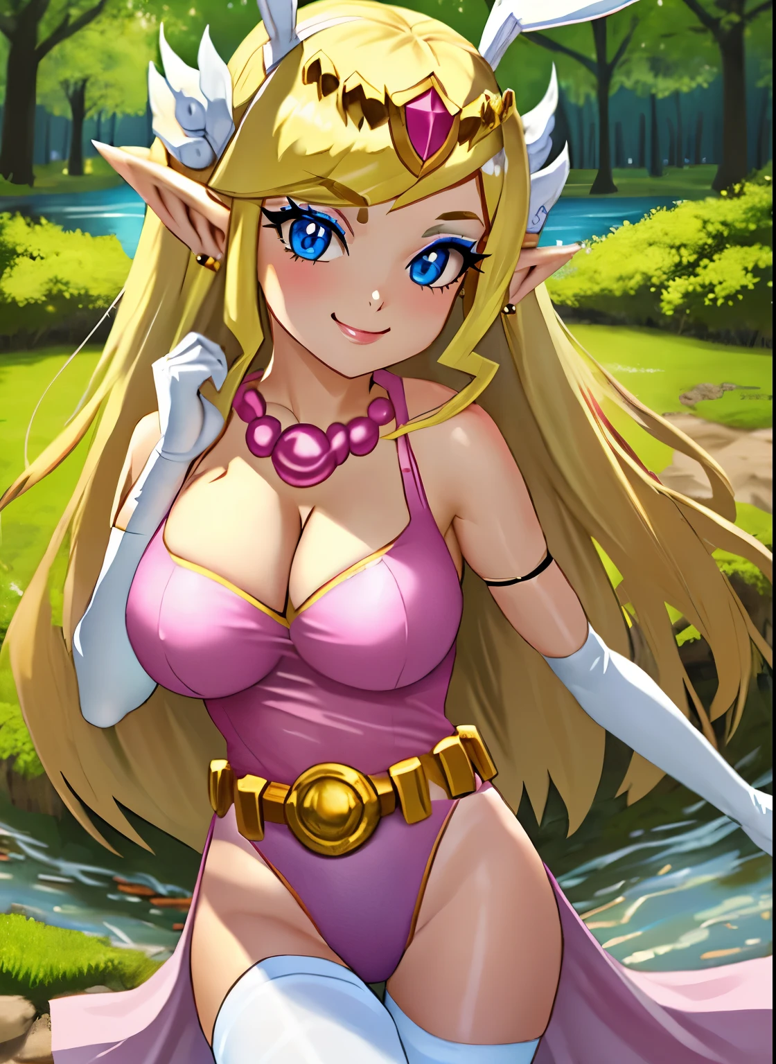 toon zelda, 1girl, solo, long hair, smile, blonde hair, gloves, jewelry, pointy ears, elbow gloves, belt, necklace, blue eyes, makeup, tiara, eyeshadow, perfect breasts, ,earrings glossy lips ,looking at viewer, blush, large breasts, nature, pond, trees, park, long white elbow satin gloves, holding, animal ears, cleavage, bare shoulders, jewelry, very l, gentle smile, pantyhose, earrings, fake rabbit ears, pink leotard, fake animal ears bunny, long white elbow gloves, white gloves