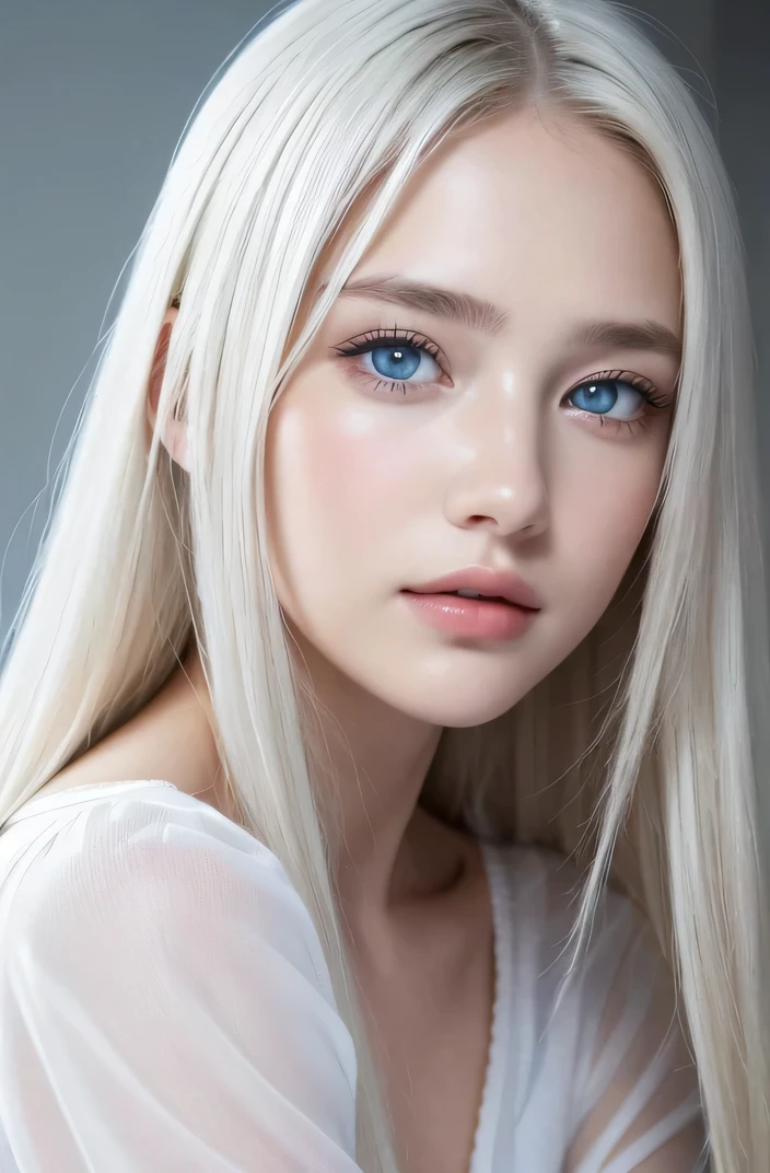 １４歳のwhite人モデル, 立っているPhoto above the knee,（(Clean clothes)), white clothes, Natural light, きれいなwhite人女性, white hair, lazy smile, (8K, Live shooting, highest quality, masterpiece: 1.2), masterpiece, Super detailed, , High-definition RAW color photo, , , , , , highly detailed eyes, realistic skin texture, highly detailed fingers, very small nose, highly detailed mouth, , Photo above the knee, , See-through feeling、transparent processing、wearing tight clothes、, white髪, blue eyes, masterpiece, realistic skin texture, , shiny hair and white skin, 、 natural skin texture,  young woman like a girl,  Photo above the knee、blue eyes,  、lowered eyebrows,  innocent face,  Eyes that look kind,  natural skin texture, round face,  kind eyes, long and pure white beautiful hair、, small face,  No decorations included,  white, droopy eyebrows,  Mont Blanc, white, droopy eyebrows
