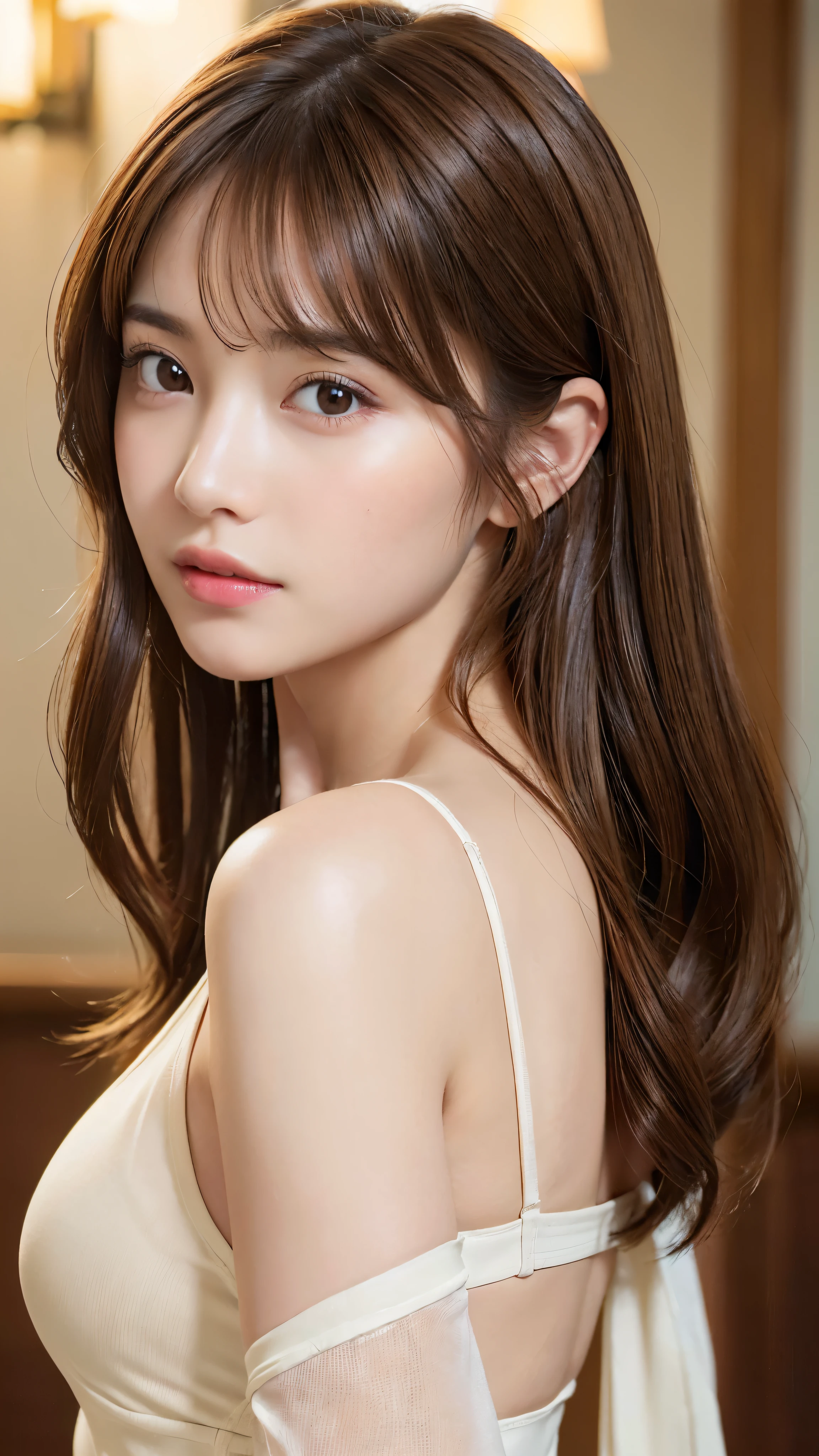 (8K、Photoreal、RAW photo、highest quality: 1.4)、(1 girl)、(beautiful face)、(lifelike face)、(light brown hair:1.5)、(random cute hairstyles)、Realistic brown eyes、beautiful details、（skin that looks real）、beautiful skin、wearing a white leotard、absurd、Charm、embarrassing、ultra high resolution、surreal、high detail、golden ratio