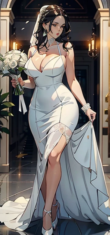 Araffe is wearing a white dress and stockings, holding a bouquet of flowers, a smooth white tight fitting suit, thick, full length and white stockings, white silky clothing, clear curve details, huge breasts, cleavage, mature women, wedding dress, sexy dress, wearing beautiful white, wearing white clothes, wearing wedding dress, maid dress, charming and charming, role-playing