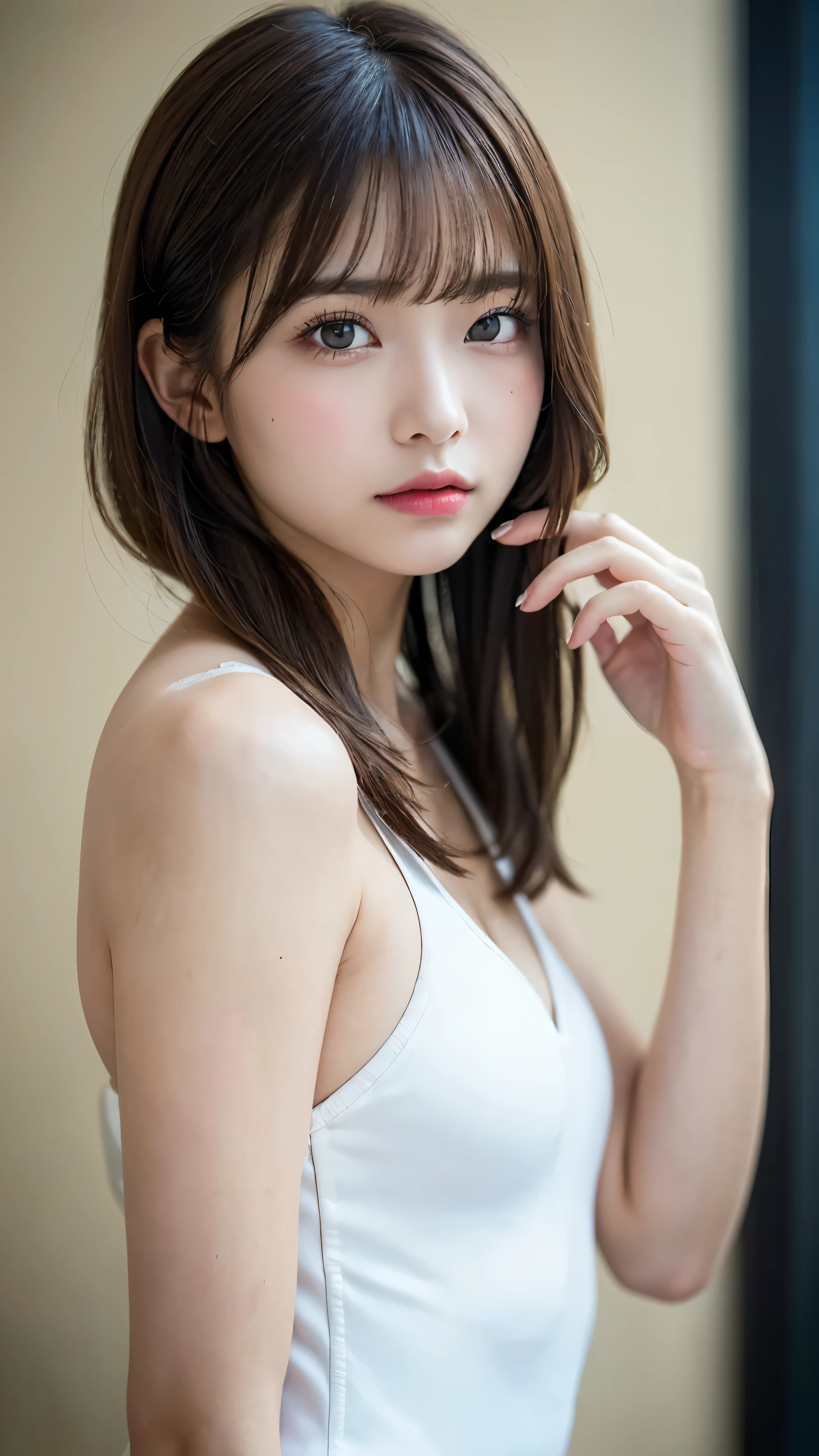 (masterpiece:1.5)、(realistic:1.5)、(highest quality:1.4、8K、RAW photo、RAW photo）、
ultra high resolution、professional lighting、perfect dynamic composition、indoors、
film grain、chromatic aberration、(Bokeh:1.1)、
Frank、Sophisticated、Charm、surreal、high detail、golden ratio、
(1 girl)、slender girl、繊細でCharm女の子、cute woman:1.4、
serious expression、looking at the viewer、Photograph the upper body、
brown hair、shining hair、Random cute hairstyles、
clear and beautiful skin、skin that looks real、
close your mouth、natural color lip、Realistic brown eyes、double eyelid、thin arms、
(wearing a white leotard)