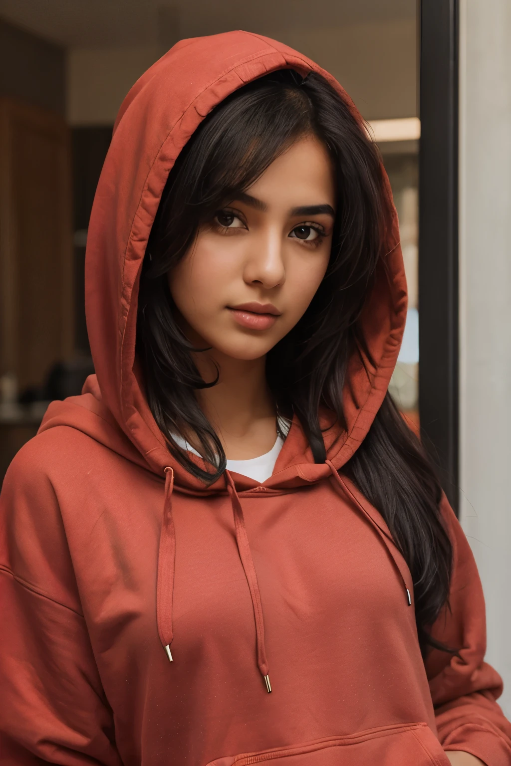 a portrait of a Saudi girl, looking at the viewer head hair black colour(full red and hoodie)