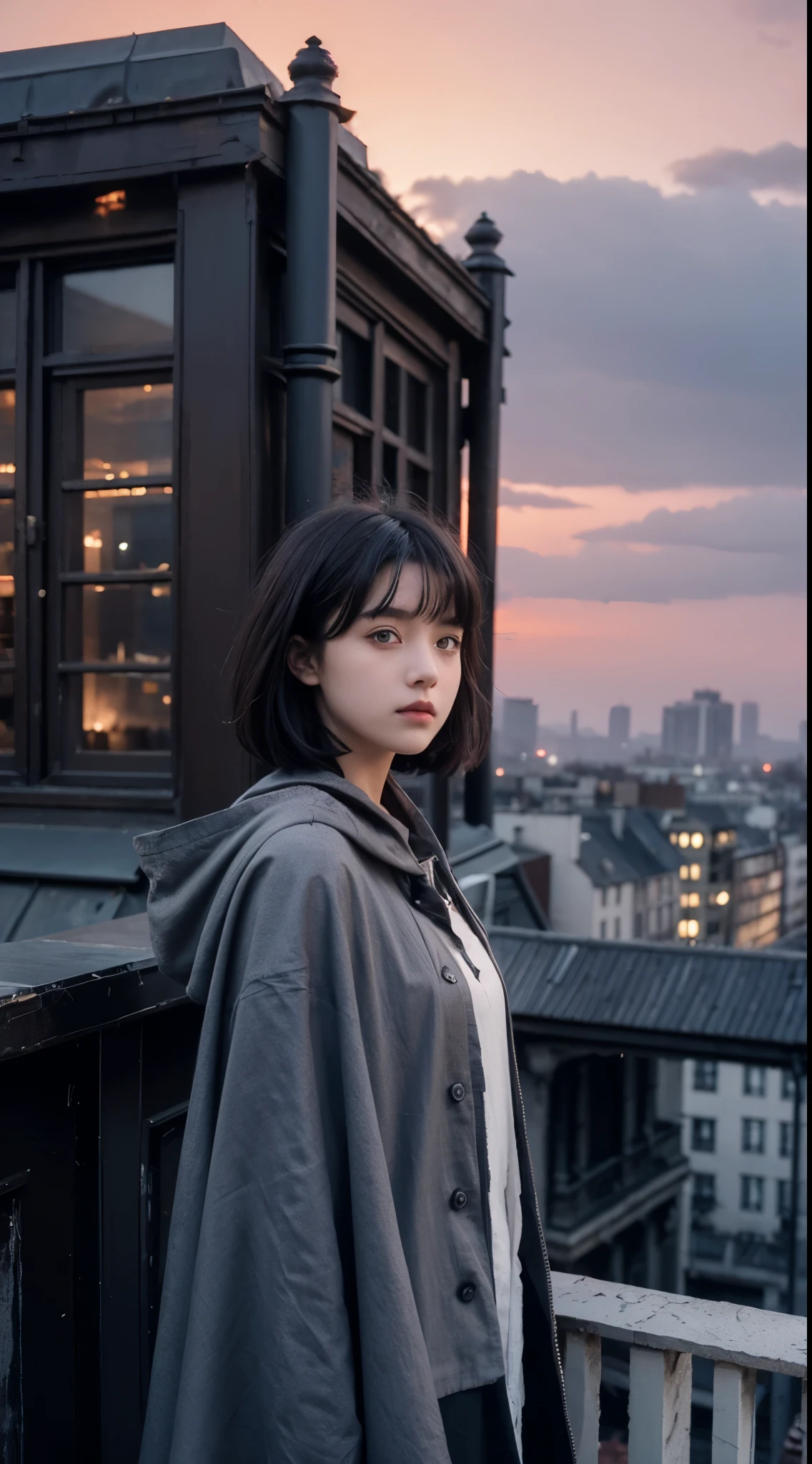 a  girl with short dark hair and a tattered grey cloak. she stands on top of a building in a gothic fantasy city. the sky has a red glow and ash is falling. 