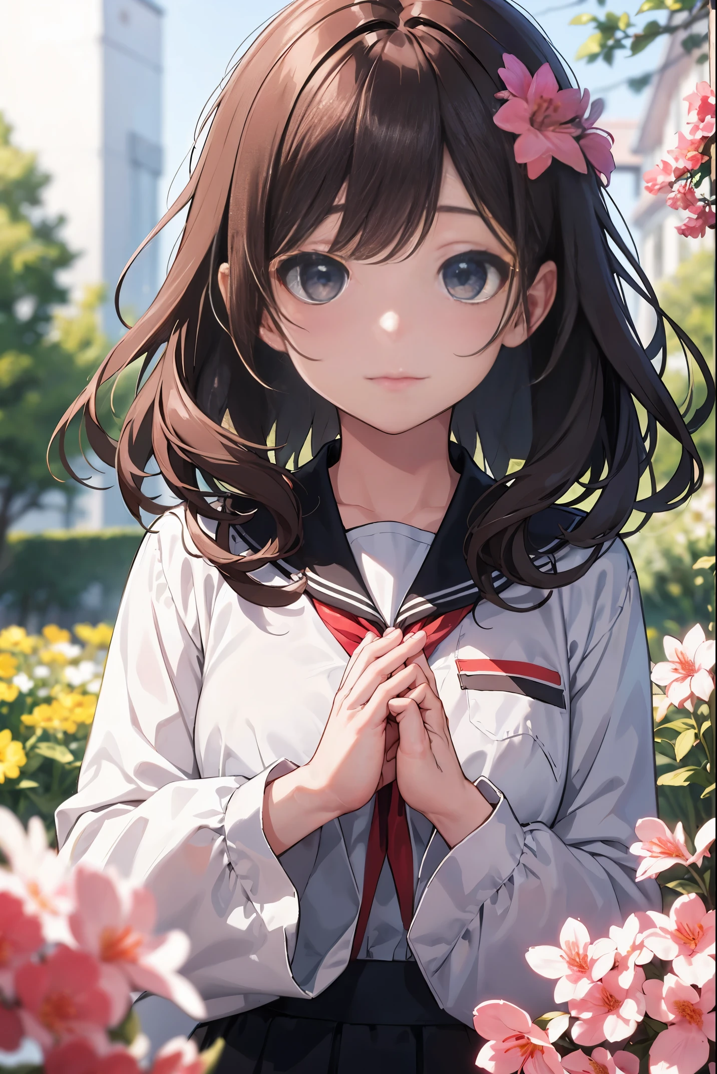 Masterpiece, beautiful details, perfect focus, uniform 8K wallpaper, high resolution, RAW photo, (depth of field, aperture F1.4:1.5)
One girl, brown hair, medium curls, clear, shining deep eyes, (while praying with both hands) a gentle breeze,
It depicts a scene where beautiful azaleas and azaleas are in full bloom, centering around a young girl. This flower symbolizes hope, and its petals are filled with local symbols and powerful messages. Blooming flowers convey the bright light for the future and the hope that grows deep within our hearts.