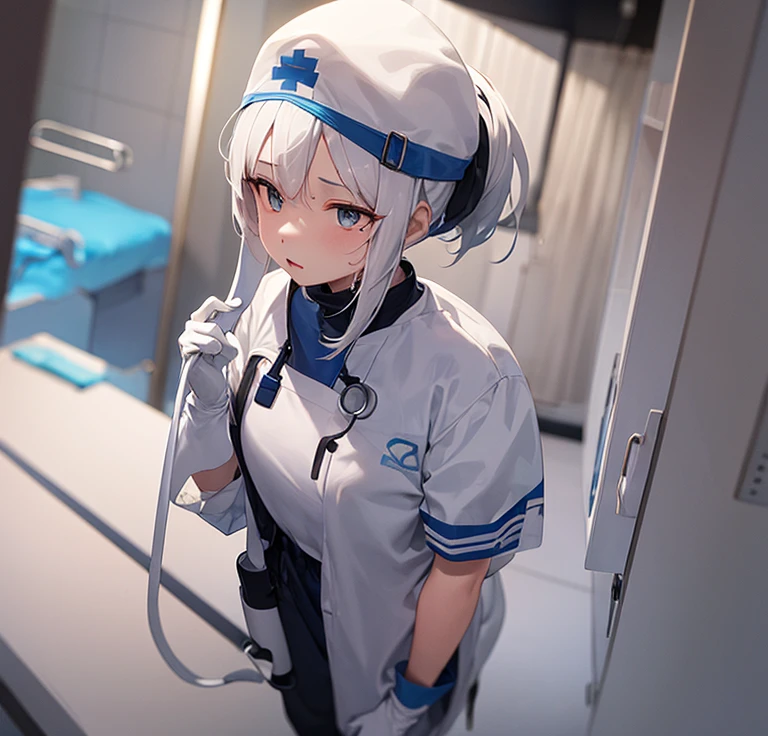 18 year old female, big double eyes, black ponytail, Wearing a white hair cap、wearing a mask, Wearing white medical dust-proof clothing、Wearing blue medical rubber gloves(let me fit)The whole body is stained with body fluids and semen.、while masturbating
