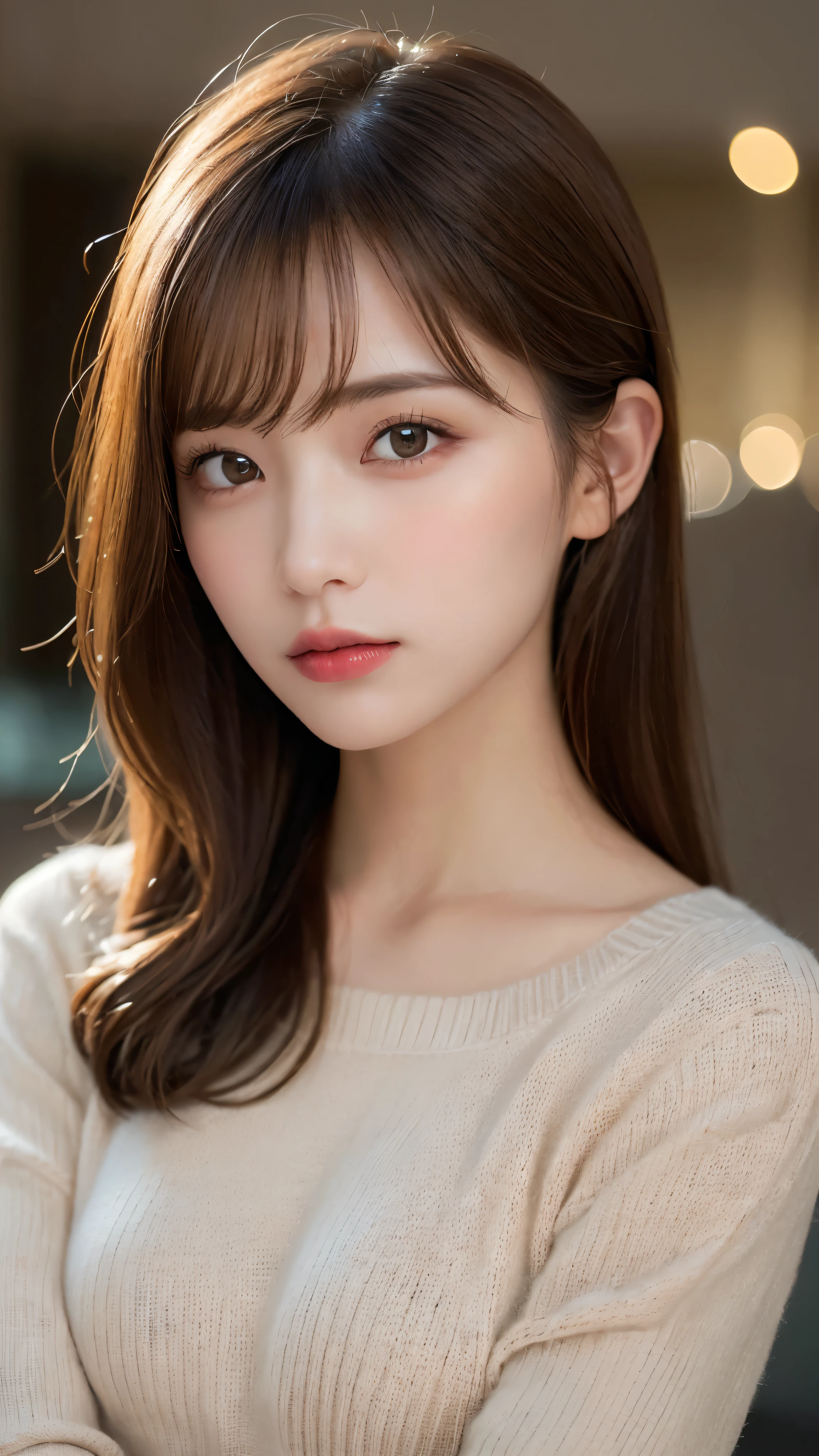 (masterpiece:1.5)、(realistic:1.5)、(highest quality:1.4、8K、RAW photo）、
ultra high resolution、professional lighting、perfect dynamic composition、indoors、
film grain、chromatic aberration、(Bokeh:1.1)、
Frank、Sophisticated、Charm、surreal、high detail、golden ratio、
(1 girl)、slender girl、繊細でCharm女の子、cute woman:1.4、
serious expression、looking at the viewer、
light brown hair、shining hair、Random cute hairstyles、
clear and beautiful skin、skin that looks real、
close your mouth、natural color lip、fine eyes、double eyelid、thin arms、
(wearing a knit sweater)