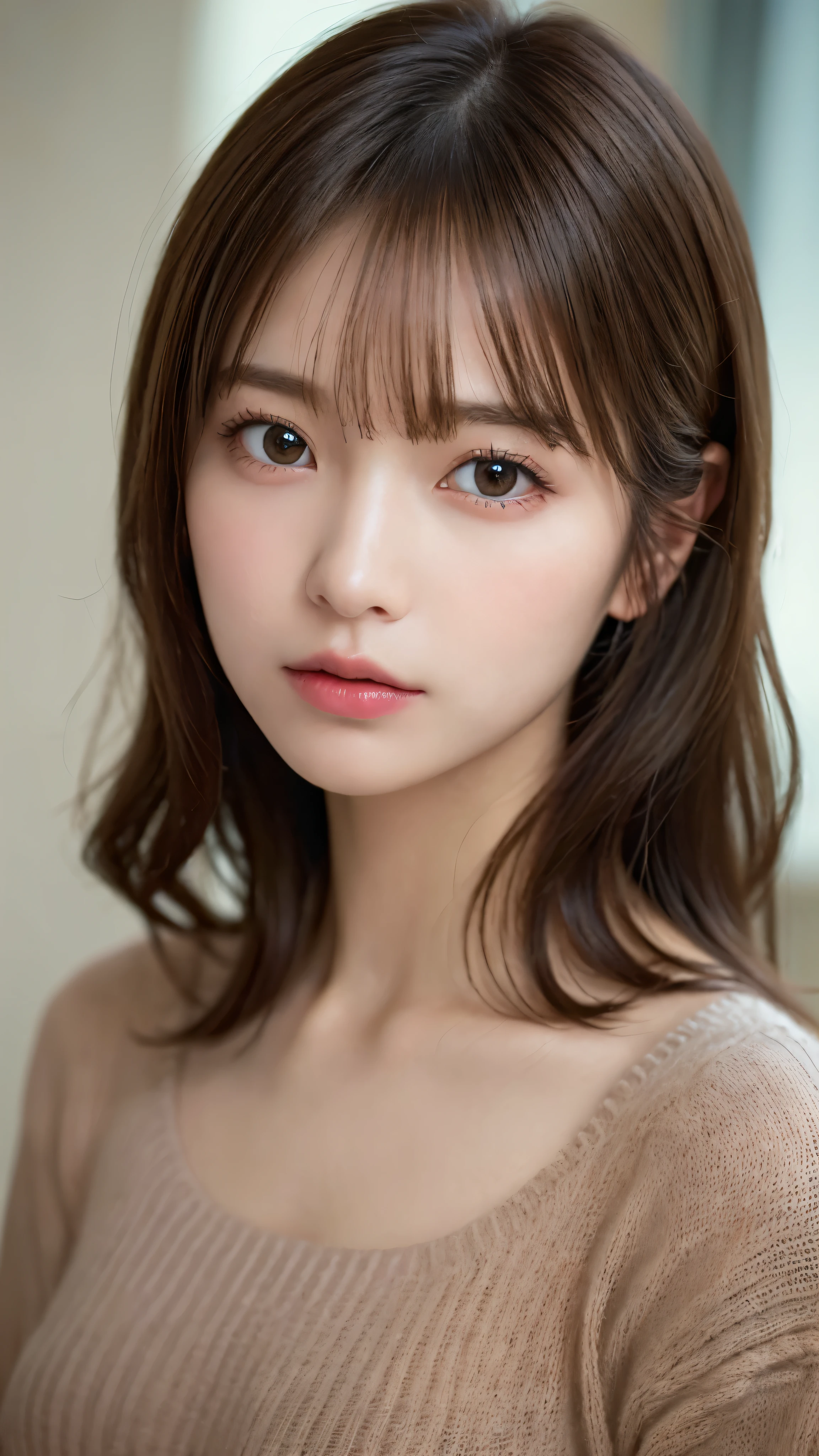 (masterpiece:1.5)、(realistic:1.5)、(highest quality:1.4、8K、RAW photo)、
ultra high resolution、professional lighting、perfect dynamic composition、indoors、
film grain、chromatic aberration、(Bokeh:1.1)、
Frank、Sophisticated、Charm、surreal、high detail、golden ratio、
(1 girl)、slender girl、繊細でCharm女の子、cute woman:1.4、
serious expression、looking at the viewer、
light brown hair、shining hair、Random cute hairstyles、
clear and beautiful skin、skin that looks real、
close your mouth、natural color lip、fine eyes、double eyelid、thin arms、
(wearing a knit sweater)