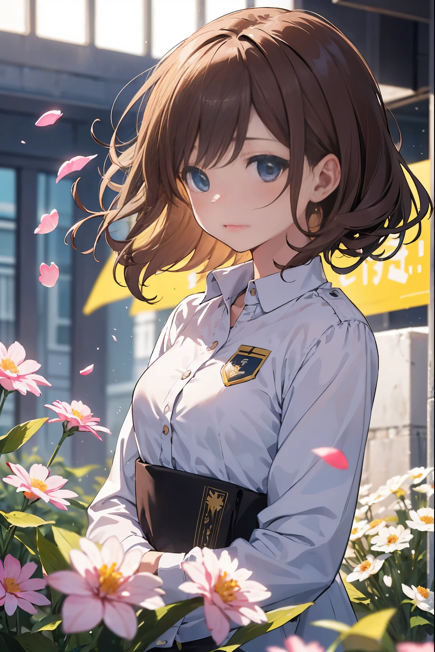 (((One girl))), blond hair, bob cut, (cowboy shot), (looking at viewer), face in focus, teenager, head tilt:1.3, (((blue eye))), ((happy smile)), ((blush)), contrapposto, one hand on hip, school summer uniform, white shirts, ((black tie under the waistcoat)), black skirt, black waistcoat, anime style, (best quality, 4k, 8k, highres, masterpiece:1.2, ultra-detailed, ultra-detailed eyes, HDR, UHD, studio lighting, ultra-fine painting, sharp focus, physically-based rendering, extreme detail description, professional, vivid colors, bokeh)