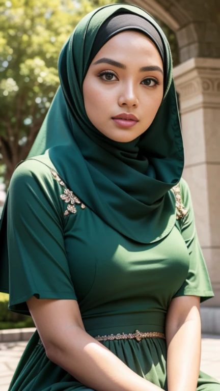 ( close up),raw, Best quality, High accuracy, Masterpiece: 1.3), beautiful Malay woman in Hijab,Masterpiece, Perfect body, small,Big gorgeous eyes, soft smile,Beautiful Face,Thick thighs, Woman sitting in green dress and green scarf, Puff sleeves, Hijab,Bright colors, wide cut sleeve, element, Wearing a cute top, Edelweiss line, Ivy grape leaf and flower top, Separate sleeves, Short sleeves do not reach, facial details, Double eyelid,Delicate turtleneck) , com.shairband, Afternoon walk, City park, Excellent lighting, bright colors, Clean lines,