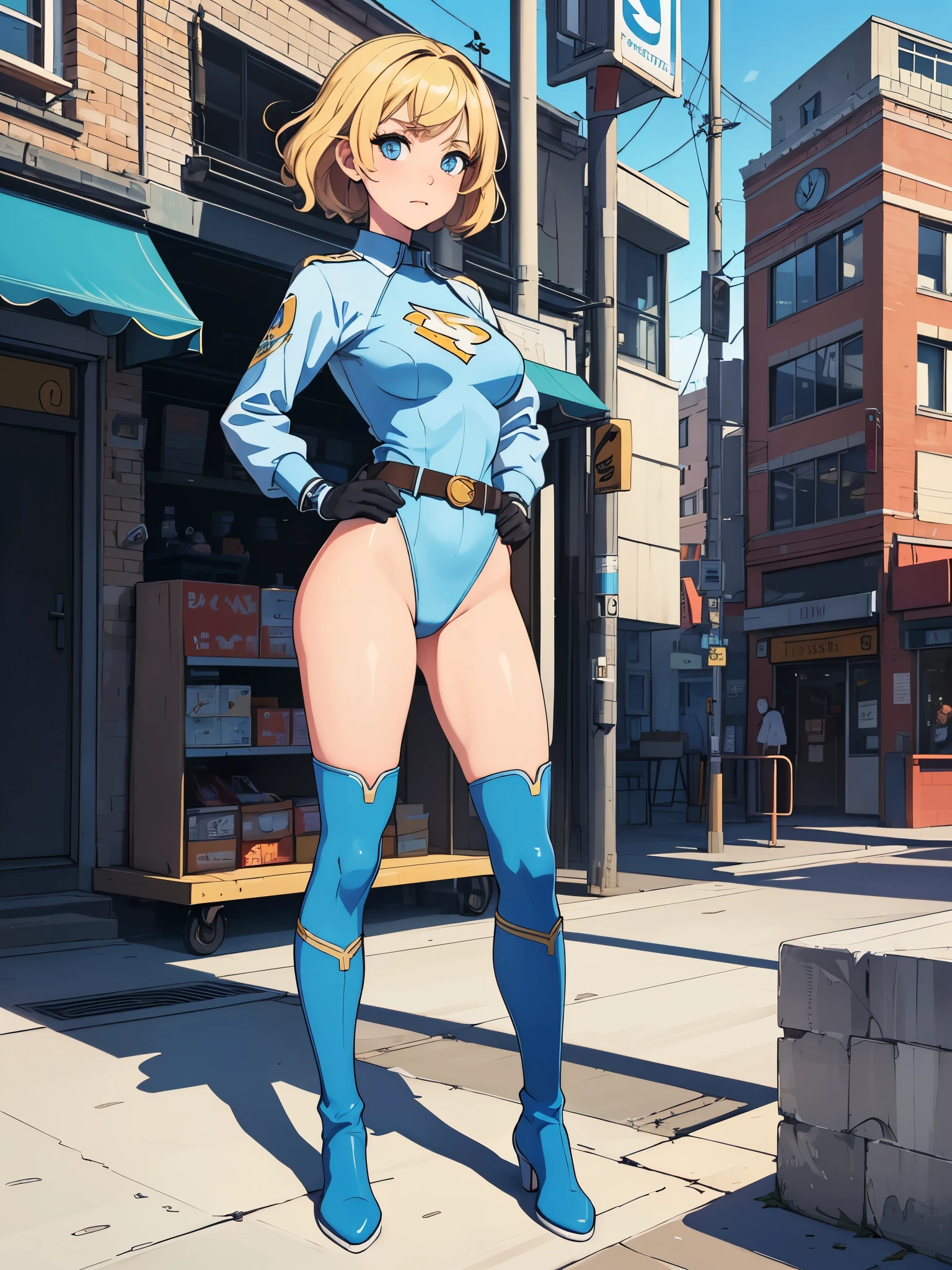 1girl, medium breasts, (leotard, highleg leotard, light blue leotard), (lighting bolt emblem on chest), bare legs, (tight belt), boots, matching boots, gloves, city backdrop, solo, single, hands on hip, standing, full body shot, cowboy shot, superhero, power, diffraction spikes, blonde hair, short hair, wavy hair, high school backdrop, outdoors, mature lady, teacher. ultra highres, absurdres, beautiful face, detailed eyes, symmetric eyes