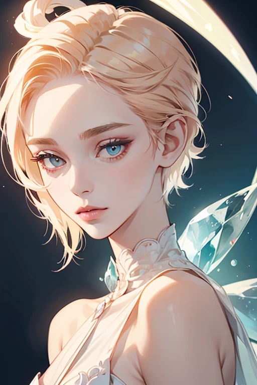 Pearl has a slender build, an ivory complexion, light cyan eyes, a pointed nose, and thin lips.  Her hair is a light peach color and resembles a pixie-cut in the front, while in the back, her hair leads to a point.  Pearl's gemstone is located in the middle of her forehead and has no facets.