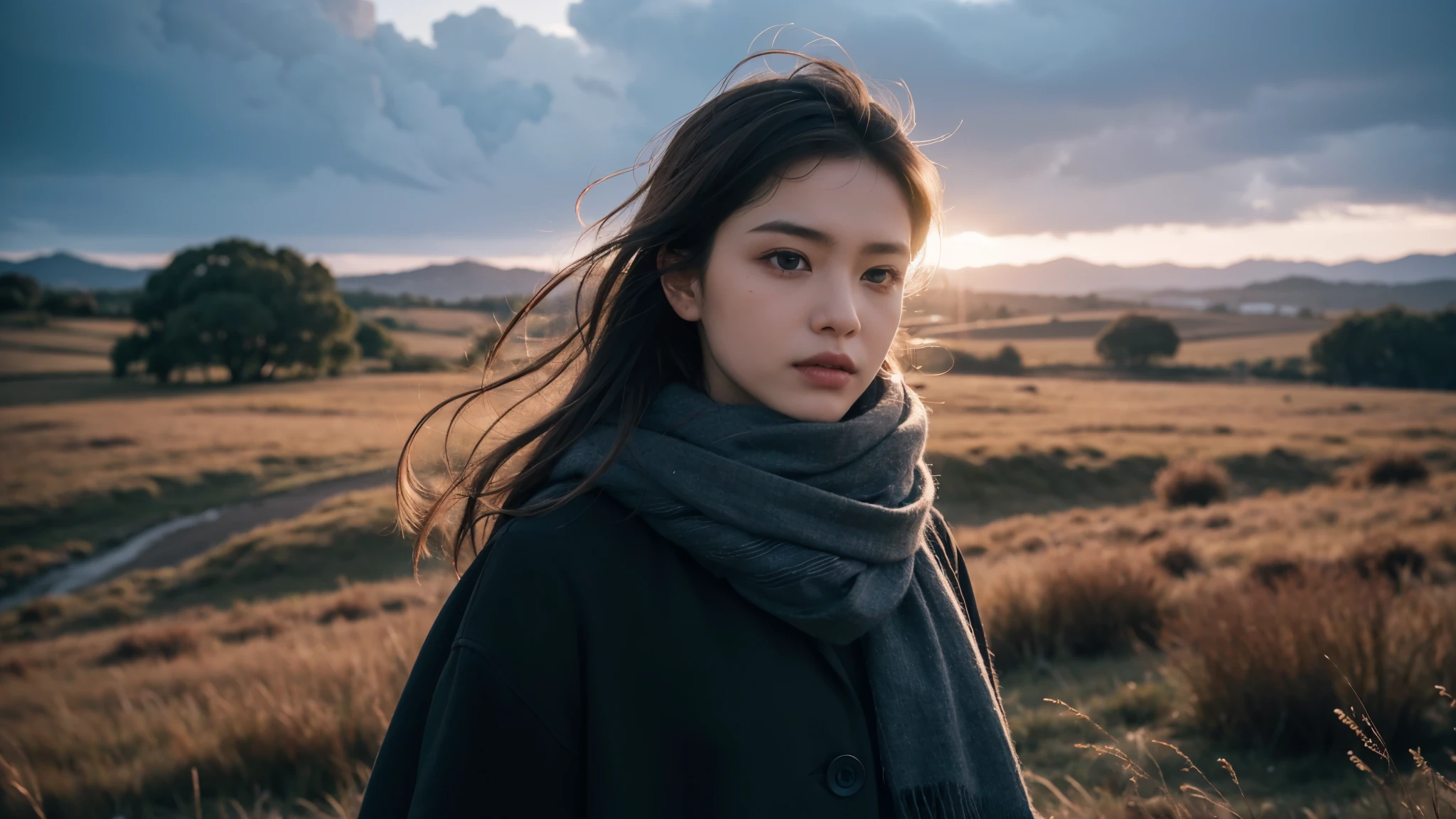 8k, best quality, masterpiece, realistic, ultra detail, photo realistic, Increase quality, a photo of a girl standing in a field with a scarf, in the style of dark and brooding designer, voluminous mass, photobash, serene faces, jagged edges, navy, natural beauty, close-up shot