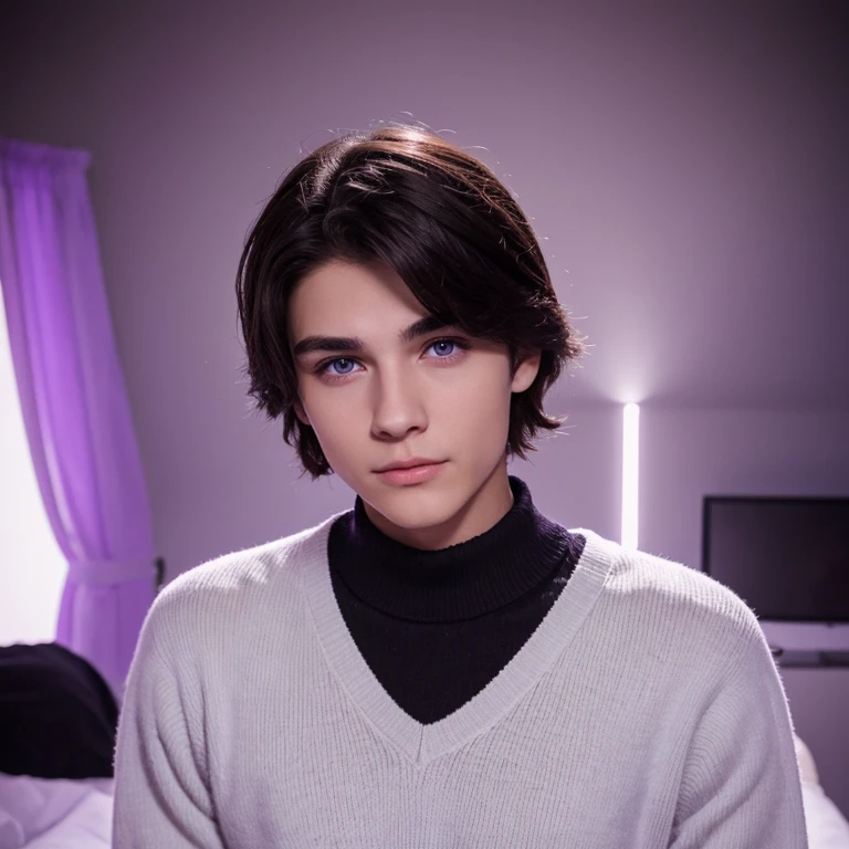 Attractive 18-year-old boy with perfect with a black sweater, almond-shaped and almond-shaped eyes, white skin, with attractive eyes and a deep look, The background is of a room no With purple LED lights , Hair asiático