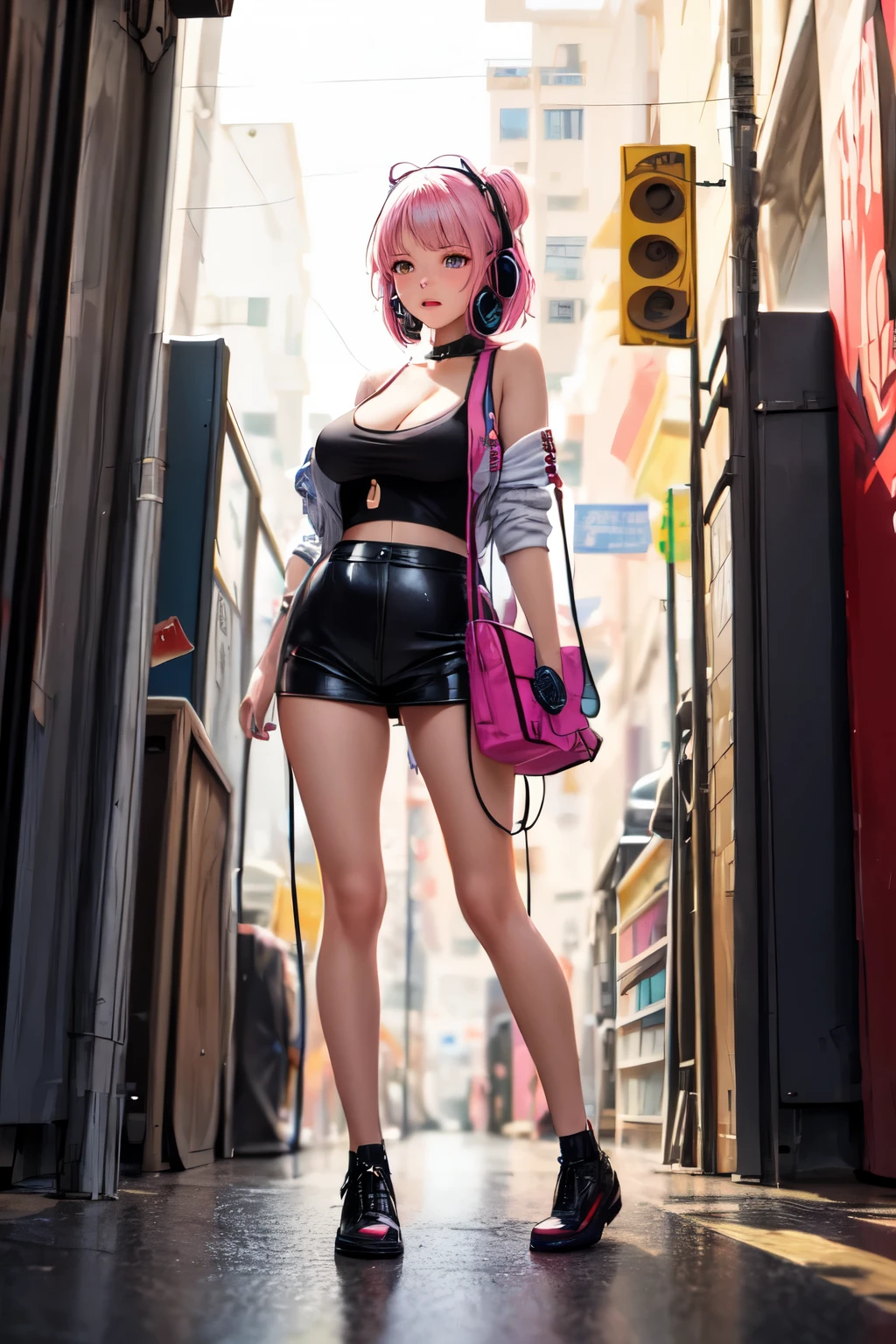 a 20 year old woman、un moreno、(desvanecimiento alto:1.3)、dark theme、tonos apagados、Color tenue、muy contrastado、(Texturas naturales de la piel、Hiperrealismo、Luz tenue、afilado)、(mesa:1.2, Mejor calidad), (imagen real, detalles intrincados), (1 dama, Solo, parte superior del cuerpo, tetas grandes)
ropa: tenso, primer plano, experimental
Apariencia: Cabeza afeitada o color de cabello audaz, dramatic makeup, Poco convencional fashion choices
behavior: challenge, inconformista, Provocation place: Distrito de Arte Urbano, Underground music scene hobby: attending punk shows, creating mixed media art, Prueba diferentes subculturas
Valores: individualidad, autenticidad, Creative expression inspiration: punk rock music, guitarra,Iconos de la contracultura, Personajes del movimiento de vanguardia: Atrevido, audacia, Poco convencional. A woman on a neon street Pink hair Full shot Rude Headphones Full body