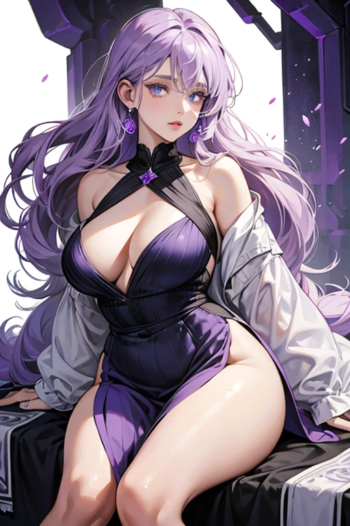 Amethyst Her skin is bright lilac, her eyes are dark indigo, and her thick, messy hair is pale lavender and goes down to her ankles, with a large bang that obscures her left eye. She also has plump lips, and a small, upturned nose. Her gemstone is located on her chest, and the bottom half of it was usually covered by her shirt.
