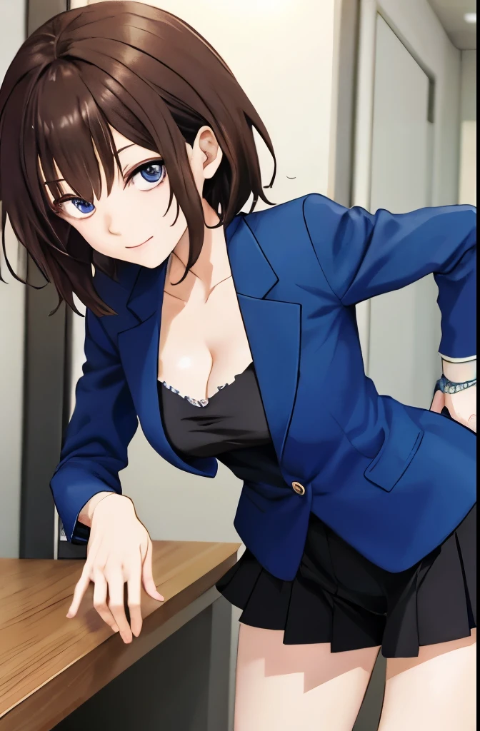 Anime girl in blue suit with black top and brown hair, seductive anime girl, naughty anime style, , beautiful attractive anime woman, leaning forward,Kamimei,