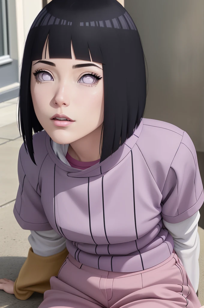 master part, absurdos, Hinata\(Boruto\), 1girl, sozinho,Mature female, Capuz roxo,mangas em camadas, brown pants, ao ar livre, Cloudy sky, perfect composition, circunstanciado lips, peito grande, beautiful face, body propotion, corar, (pink lips), cabelos pretos curtos, lilac eyes, olhar suave, super realistic, circunstanciado, Photo Session, rosto e corpo realistas, Realistic hair, olhos realistas, nariz realista, realistic lips, brown pants, anime, andando sob as petalas de flores, lilac sneakers