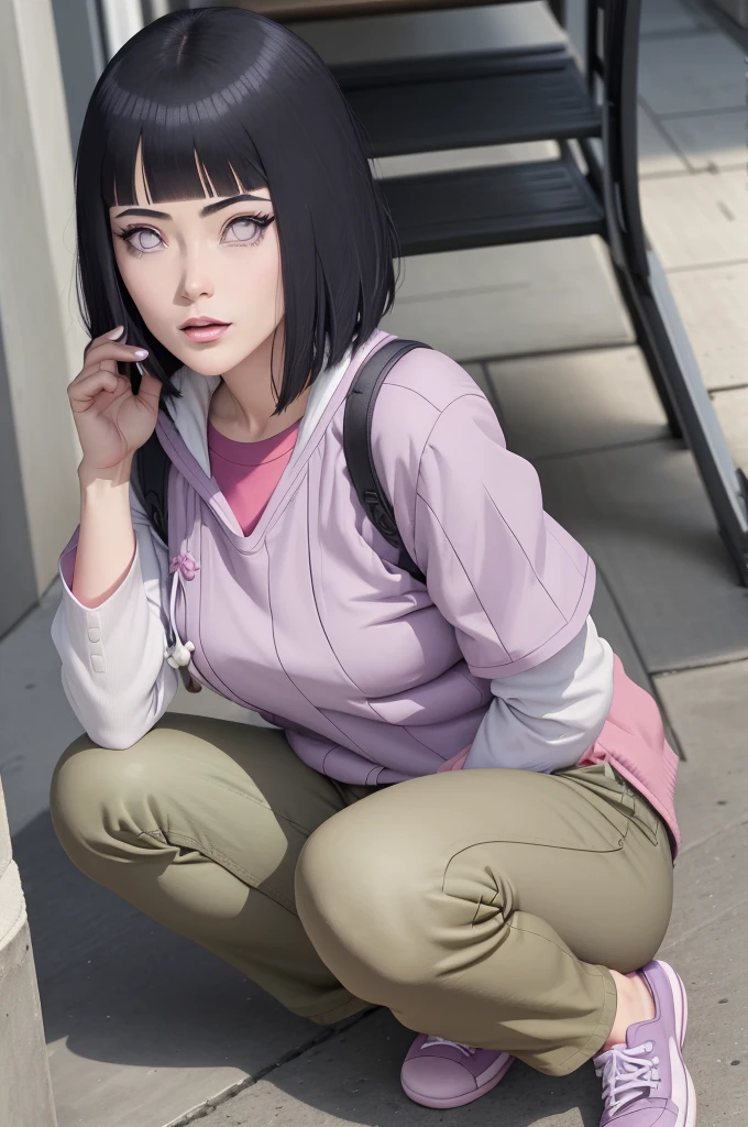 master part, absurdos, Hinata\(Boruto\), 1girl, sozinho,Mature female, Capuz roxo,mangas em camadas, brown pants, ao ar livre, Cloudy sky, perfect composition, circunstanciado lips, peito grande, beautiful face, body propotion, corar, (pink lips), cabelos pretos curtos, (black hair), lilac eyes, olhar suave, super realistic, circunstanciado, Photo Session, rosto e corpo realistas, Realistic hair, olhos realistas, nariz realista, realistic lips, brown pants, anime, andando sob as petalas de flores, lilac sneakers