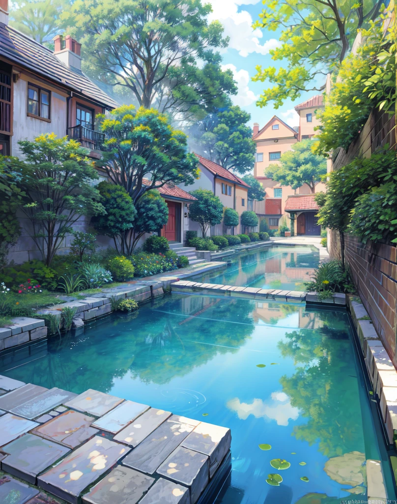 Ghibli Street Painting, Beautiful scenery, Stone pavement , Midday sky, empty streets,,((Sparkling look)),Gibby style, HD, high quality, Reflection in the water, bush,4k HD, cloud,beautiful art uHD 4 k, A beautiful artistic illustration, Beautiful digital painting, Highly detailed digital painting, Beautiful digital artwork, Detailed painting 4k, Very detailed digital painting, Rich and picturesque colors, Gorgeous numbers