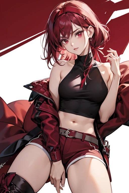 Ruby has bright scarlet skin, burgundy irises, and dark burgundy, dark red eyes, and square-shaped hair. Her gemstone is located in the palm of her left hand. Ruby wore a maroon and brown tank top and a matching maroon headband tied around her hair. Her ensemble also included mid-thigh burgundy shorts, and short, pointed maroon boots
