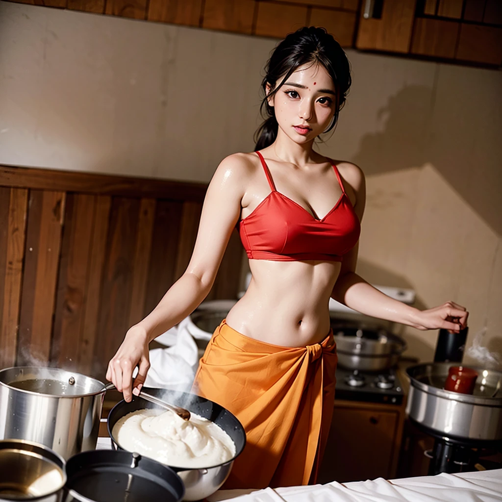 Indian lady waring a slik saree and blouse, inside a kitchen, traditional saree, Indian babe, Indian village kitchen, mature lady, busty, 30 years old, cooking, perfect boobs and cleavage, , smokey, cooking smoke, best quality, best lighting, masterpiece, perfect photograph, dsl photography, portrait shot, 200mm focal length, UHD